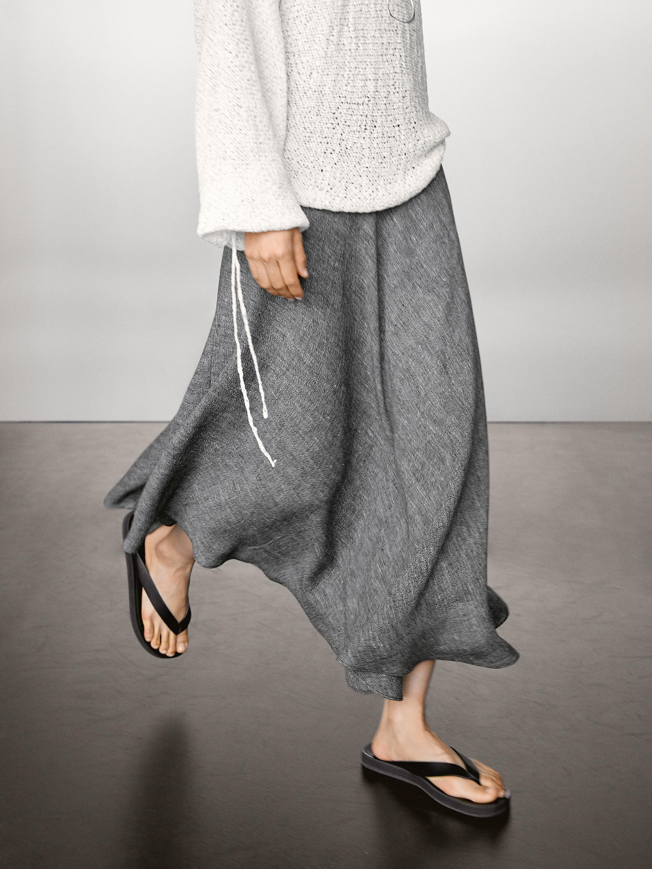 Linen blend midi skirt with flounce