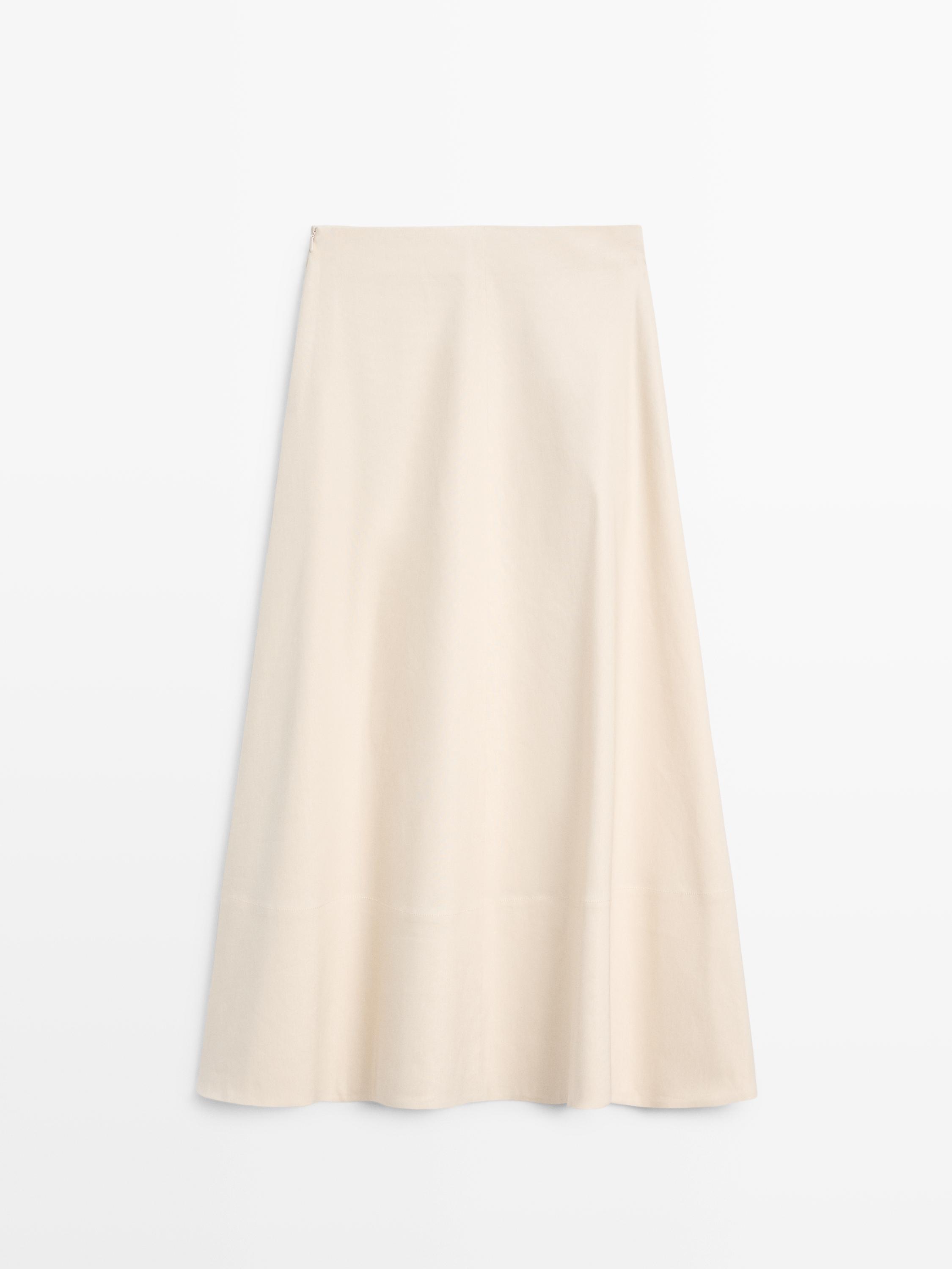 Linen blend flared skirt with pocket — CREAM