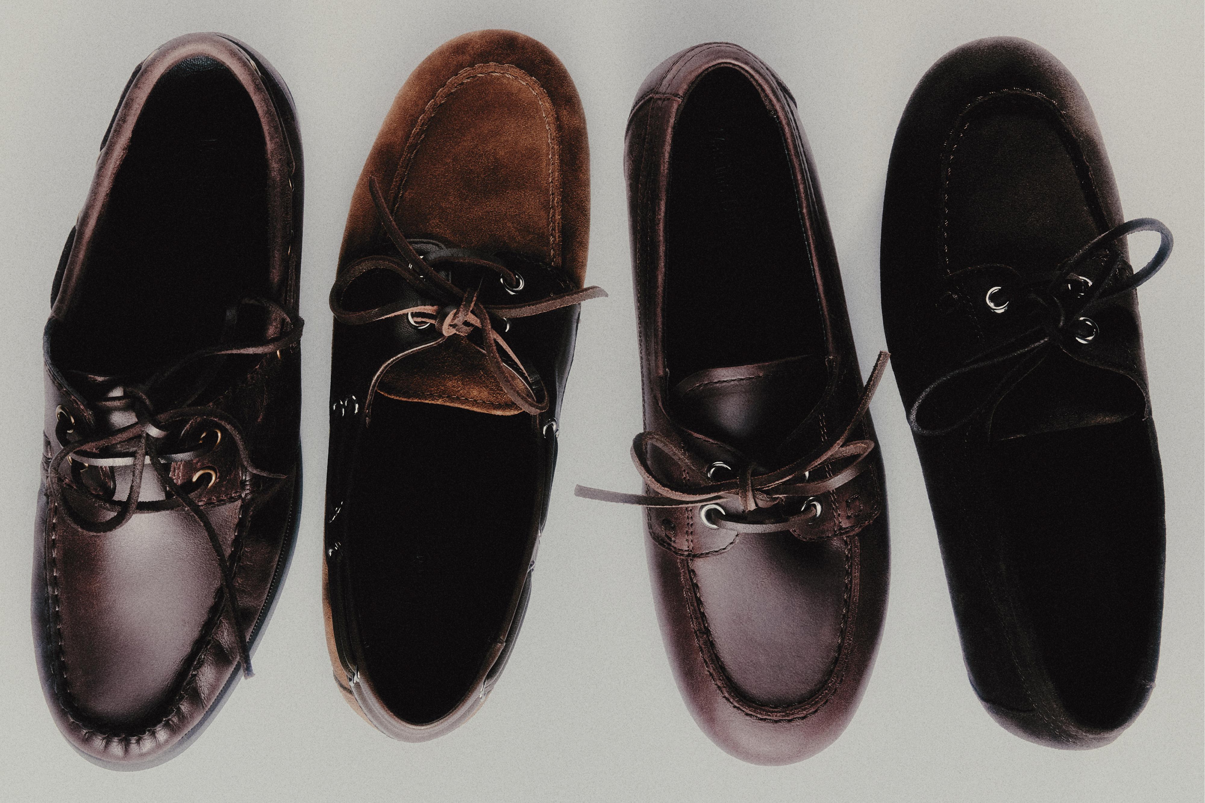 Contrast leather deck shoes — BROWN