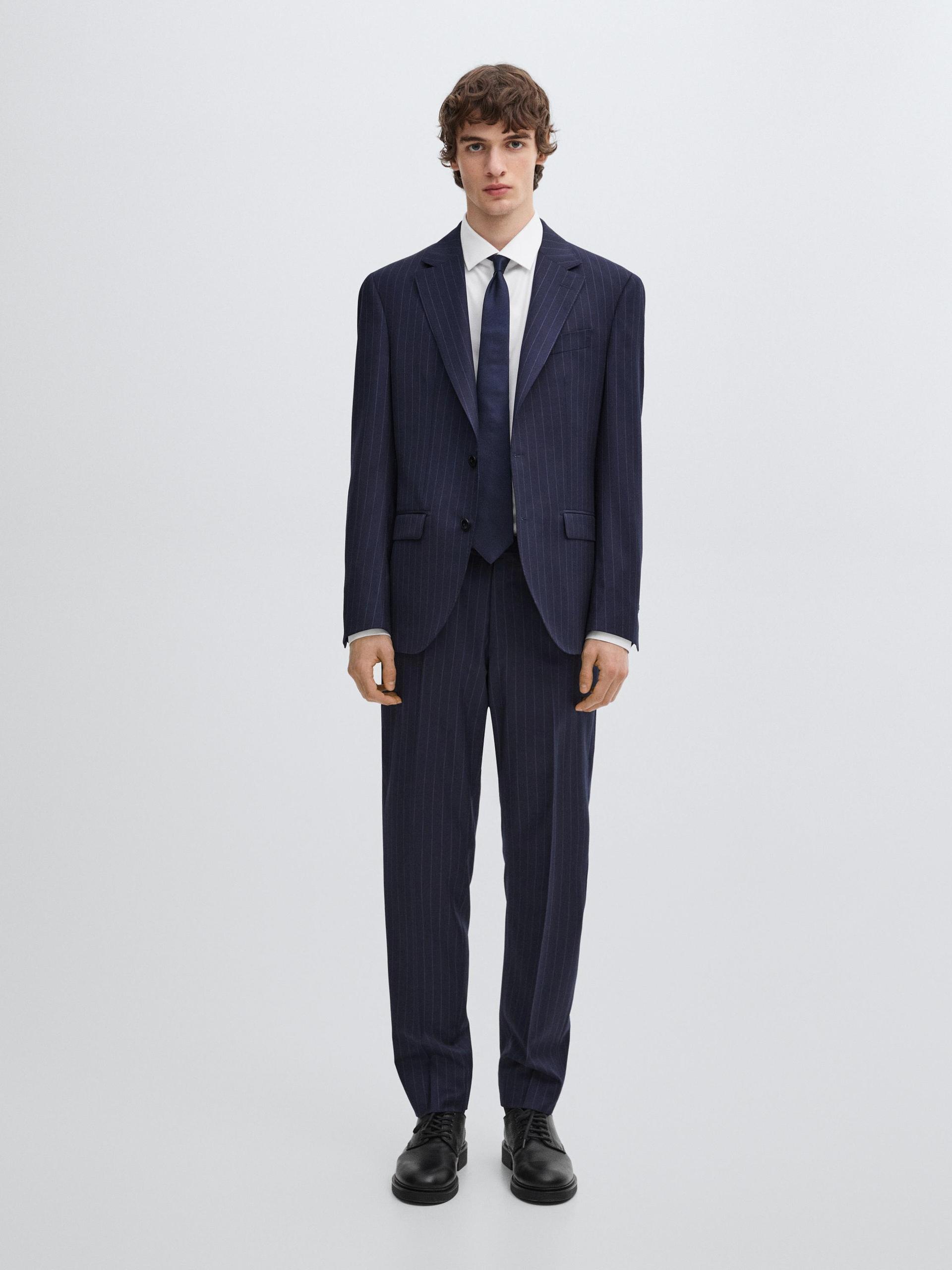 Pantalon De Costume À Rayures 100 % Laine - Bleu Marine - 46 - Massimo Dutti - Homme