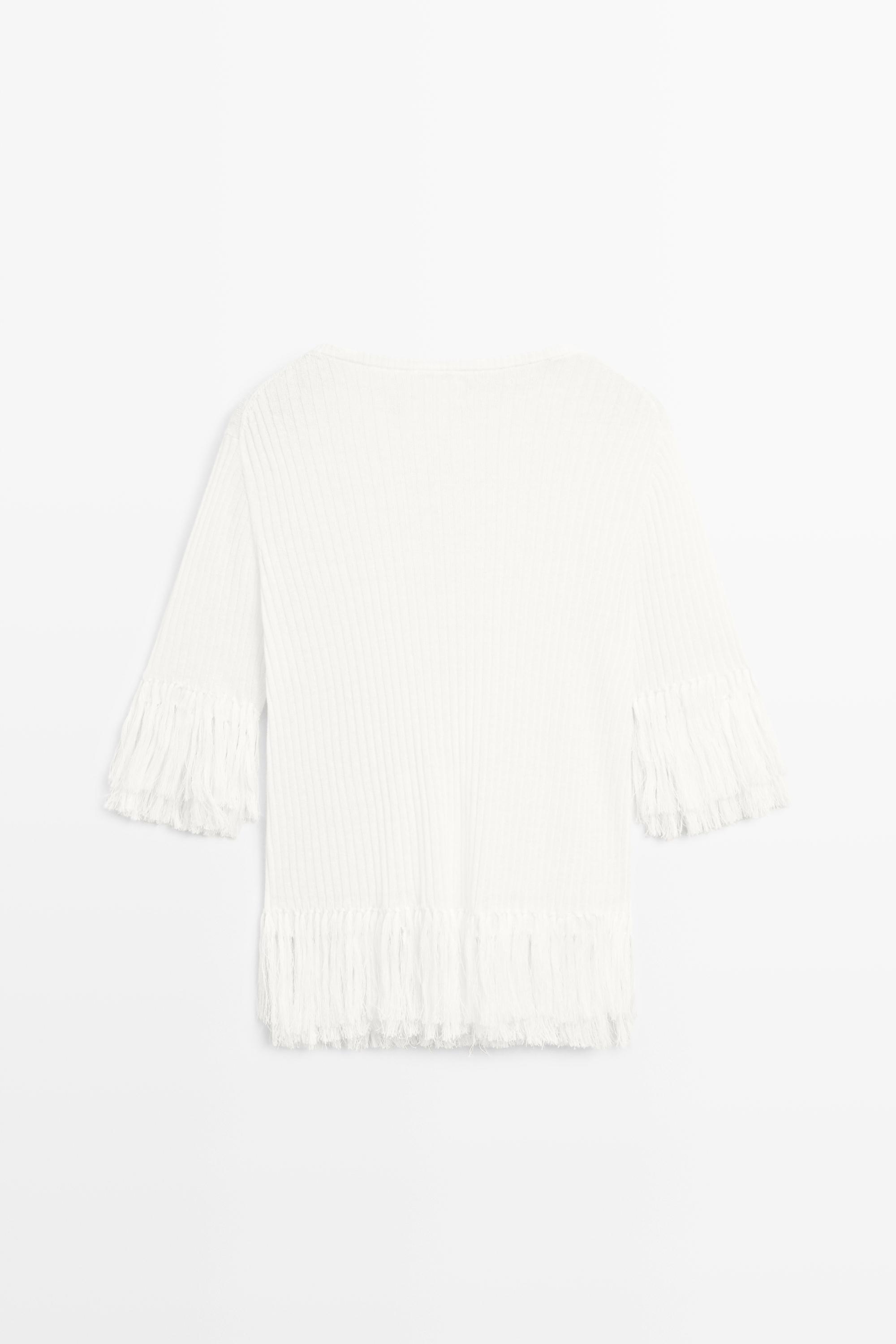 Fringe detail knit sweater - STUDIO — WHITE