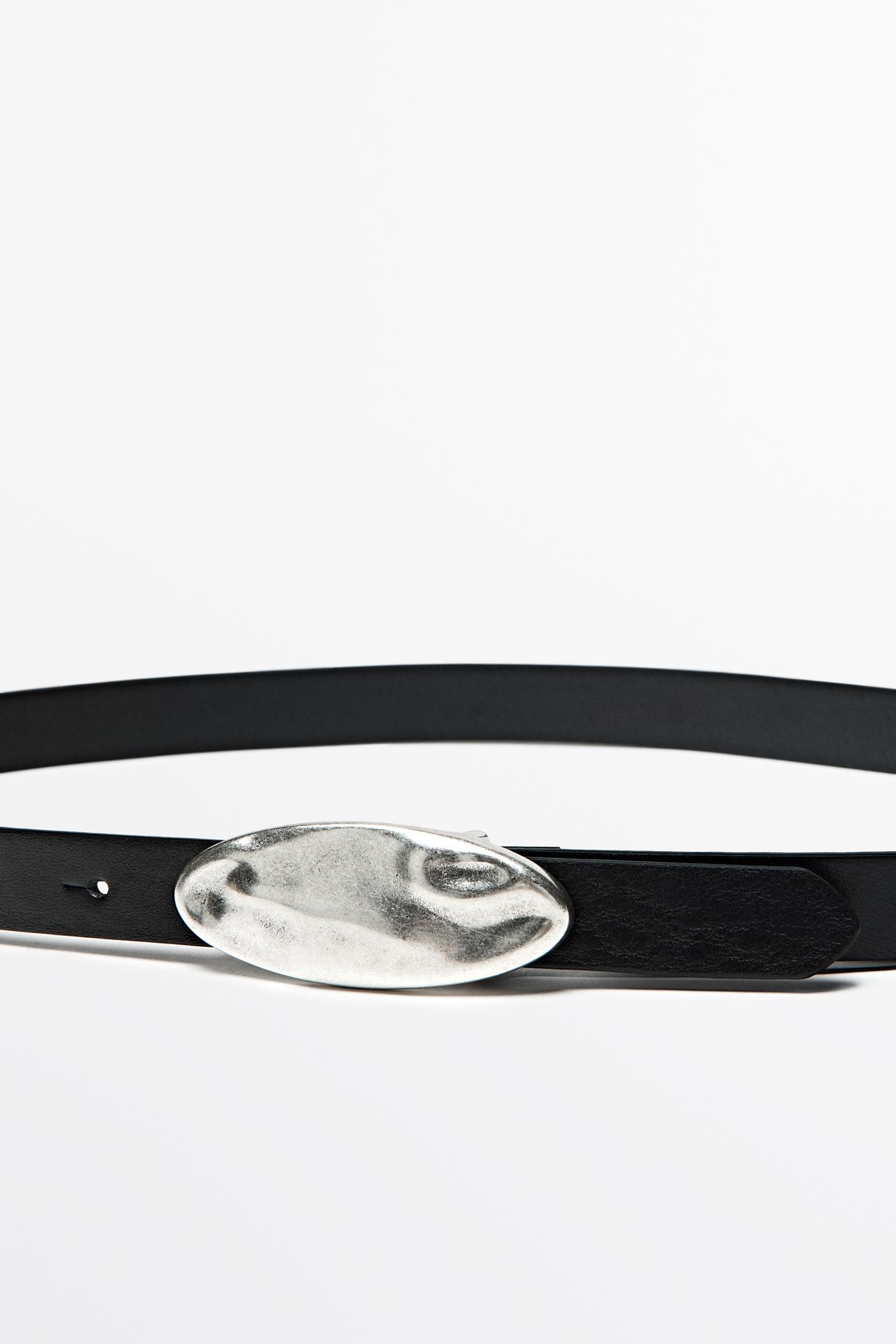 Nappa leather belt with hammered oval buckle — BLACK