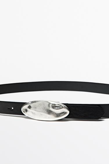 Nappa leather belt with hammered oval buckle — BLACK 2