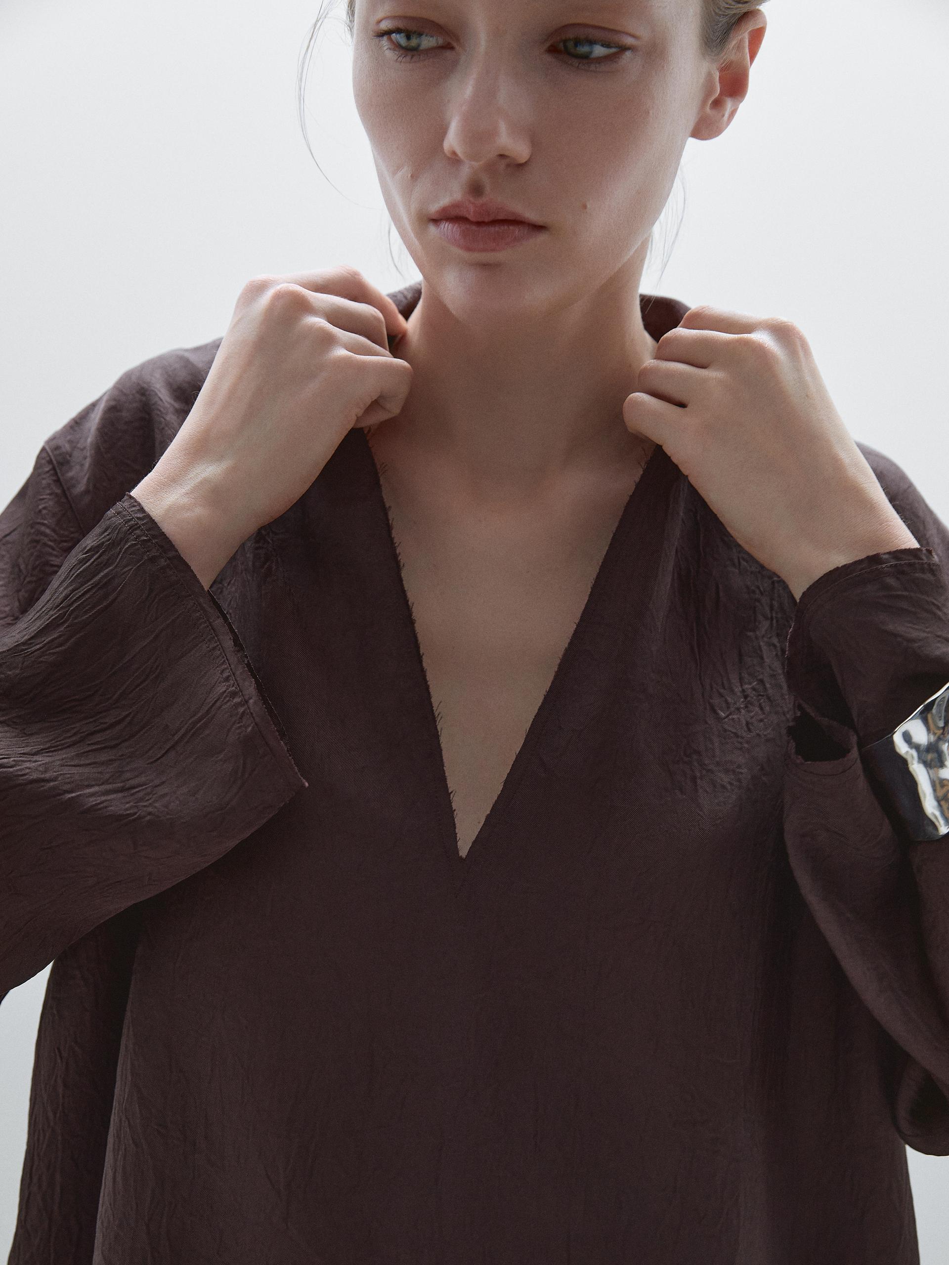 Chemise Fluide À Manches Longues Fendue - Bordeaux - M - Massimo Dutti - Femme