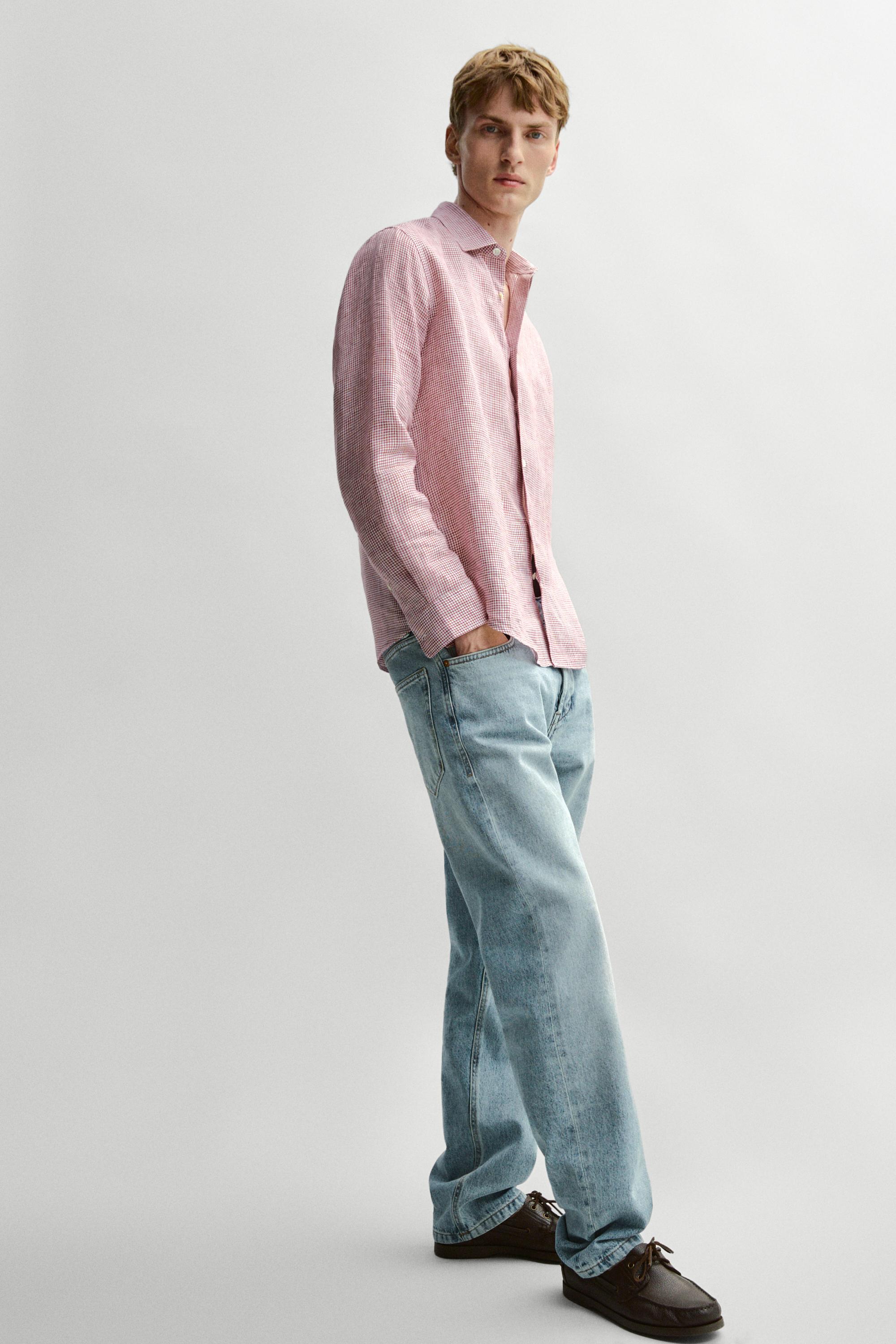 100% linen regular fit micro-checked shirt — BRIGHT RED