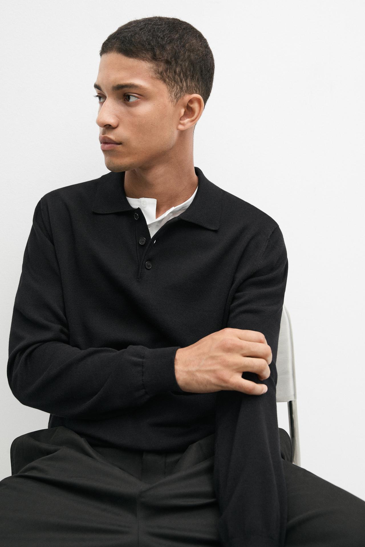 100% cotton knit polo sweater — BLACK