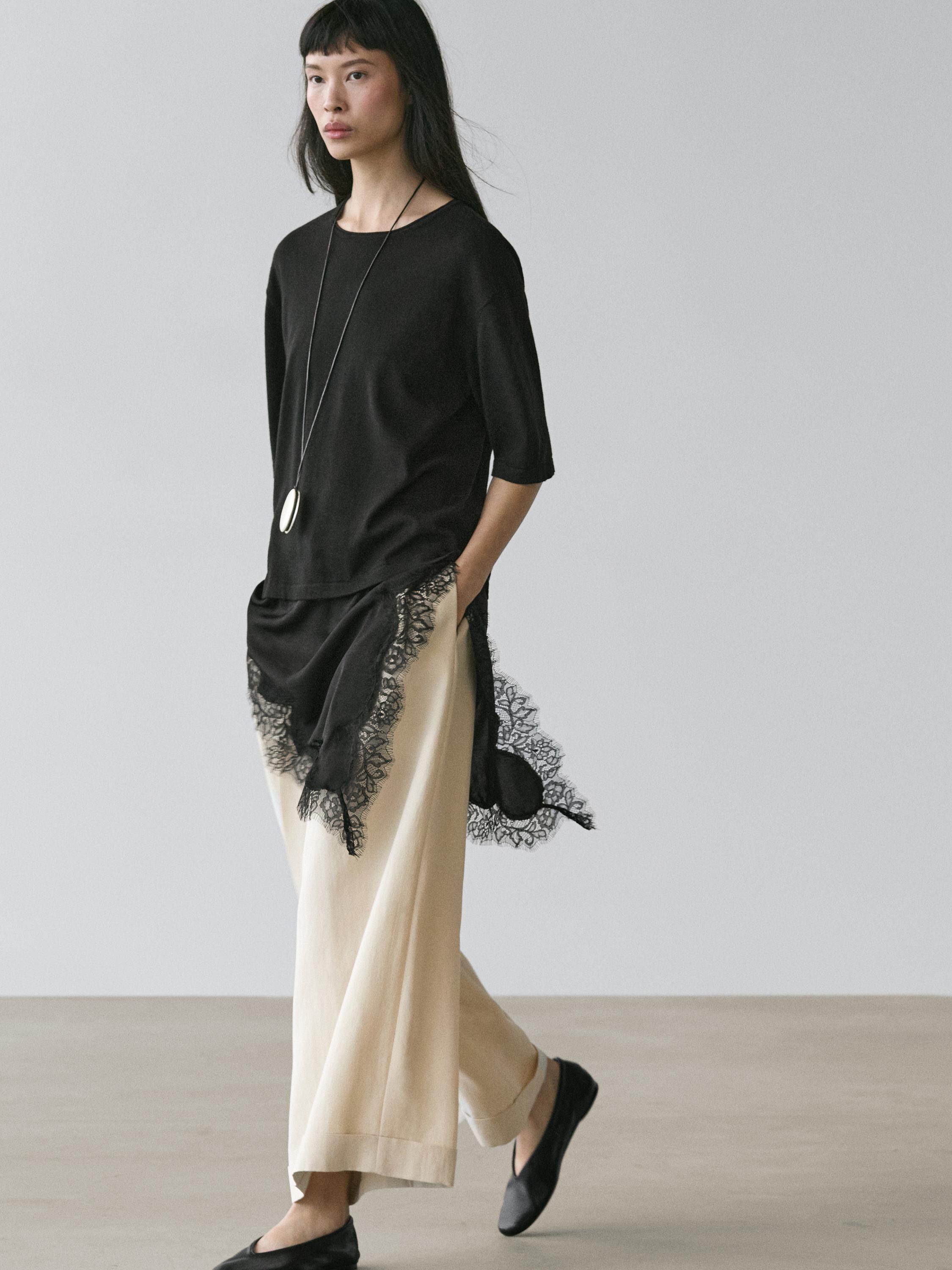 Sweater with contrast lace detail — BLACK