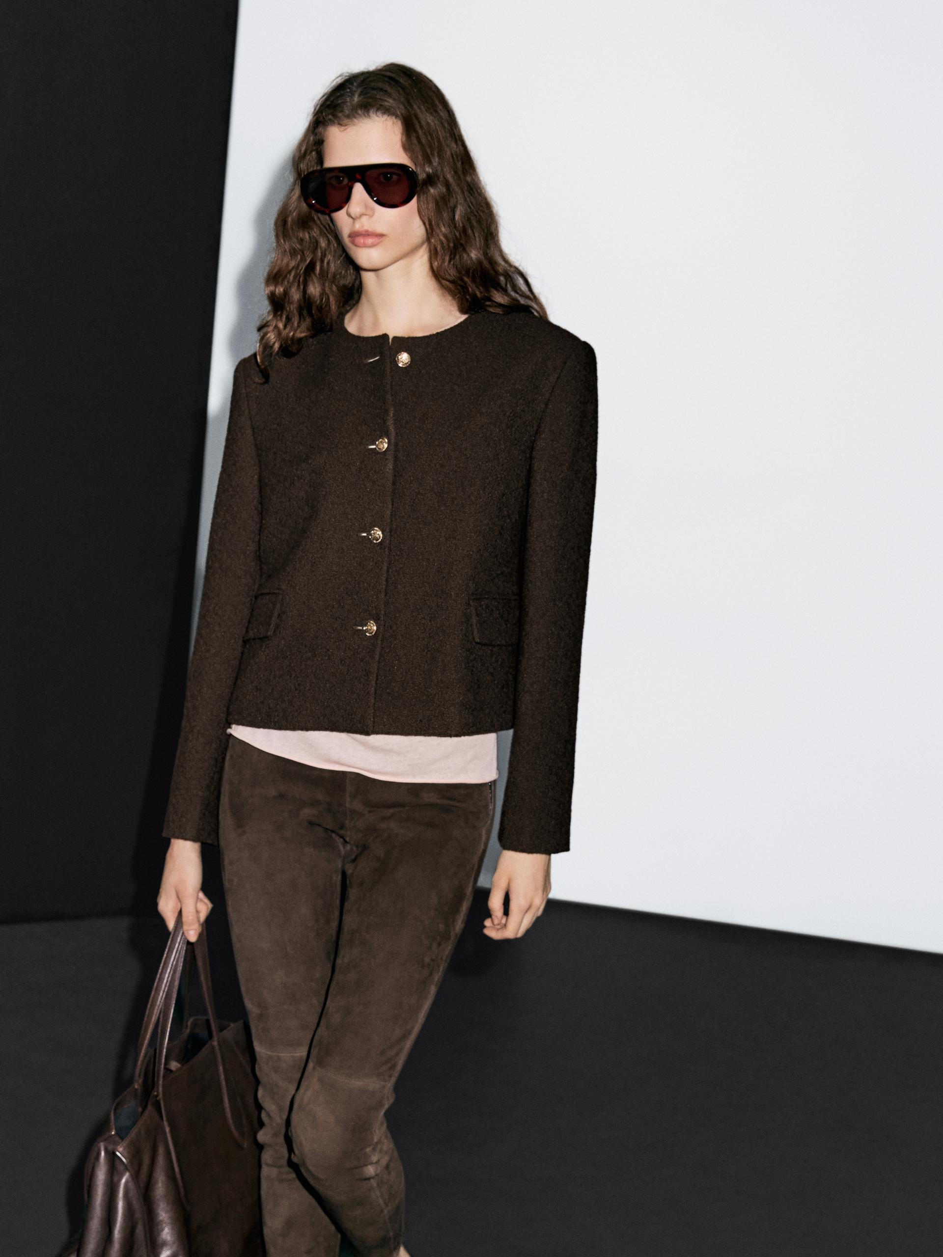 Kurtka Z Guzikami O Krótkim Kroju - Czekoladowy - M - Massimo Dutti - Kobieta