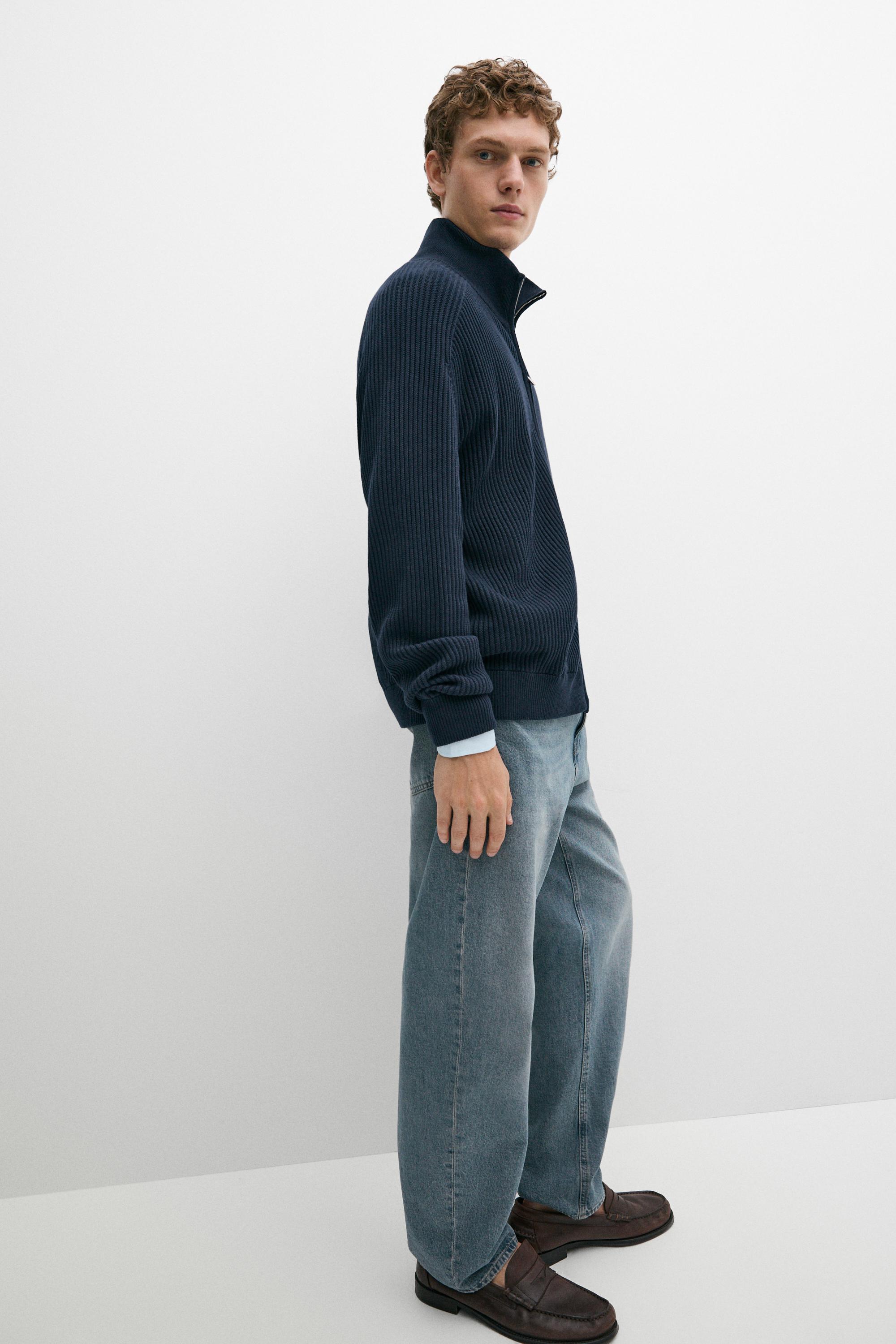 100% cotton ribbed knit cardigan — Dark Blue