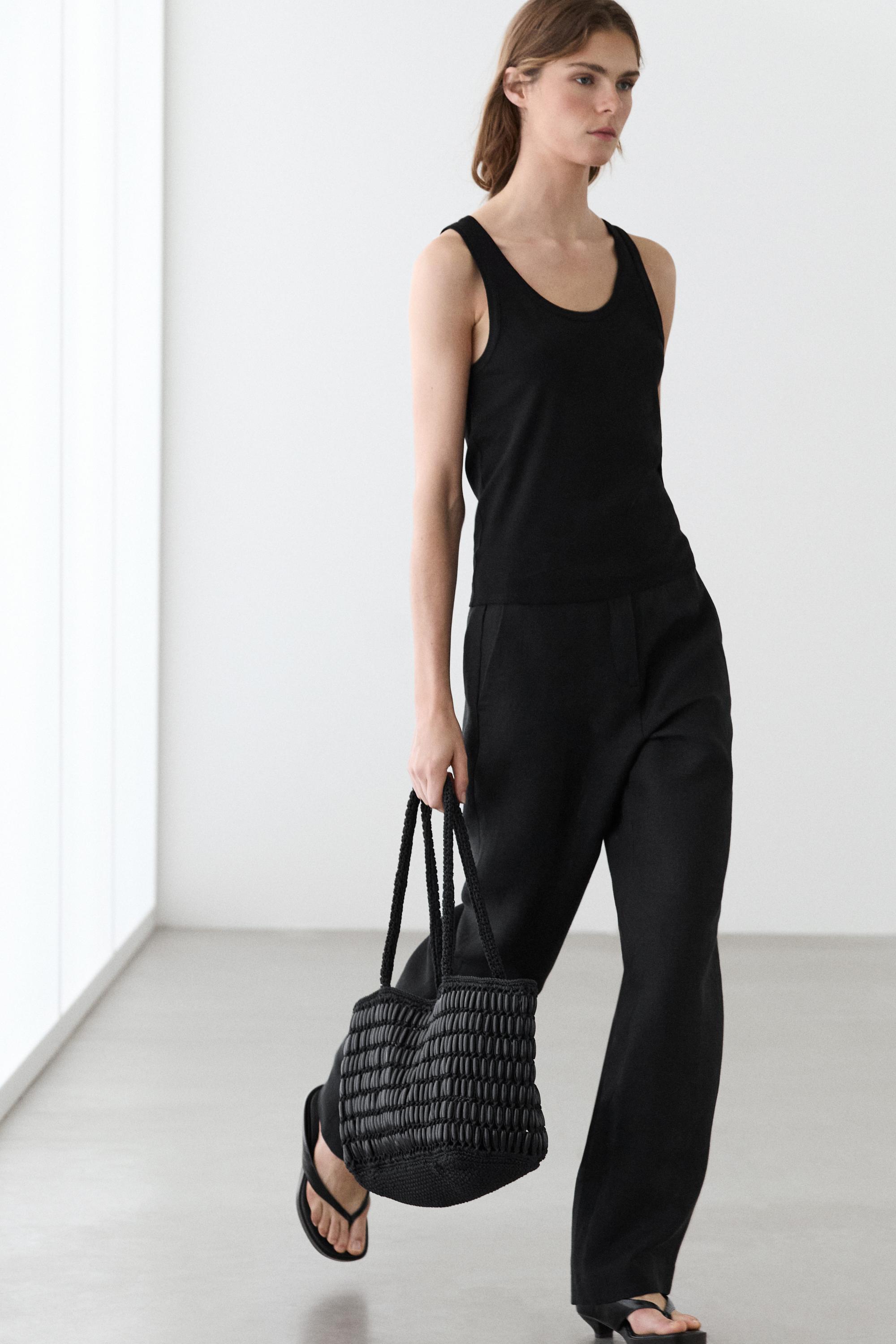 Flowing straight-leg linen trousers — BLACK