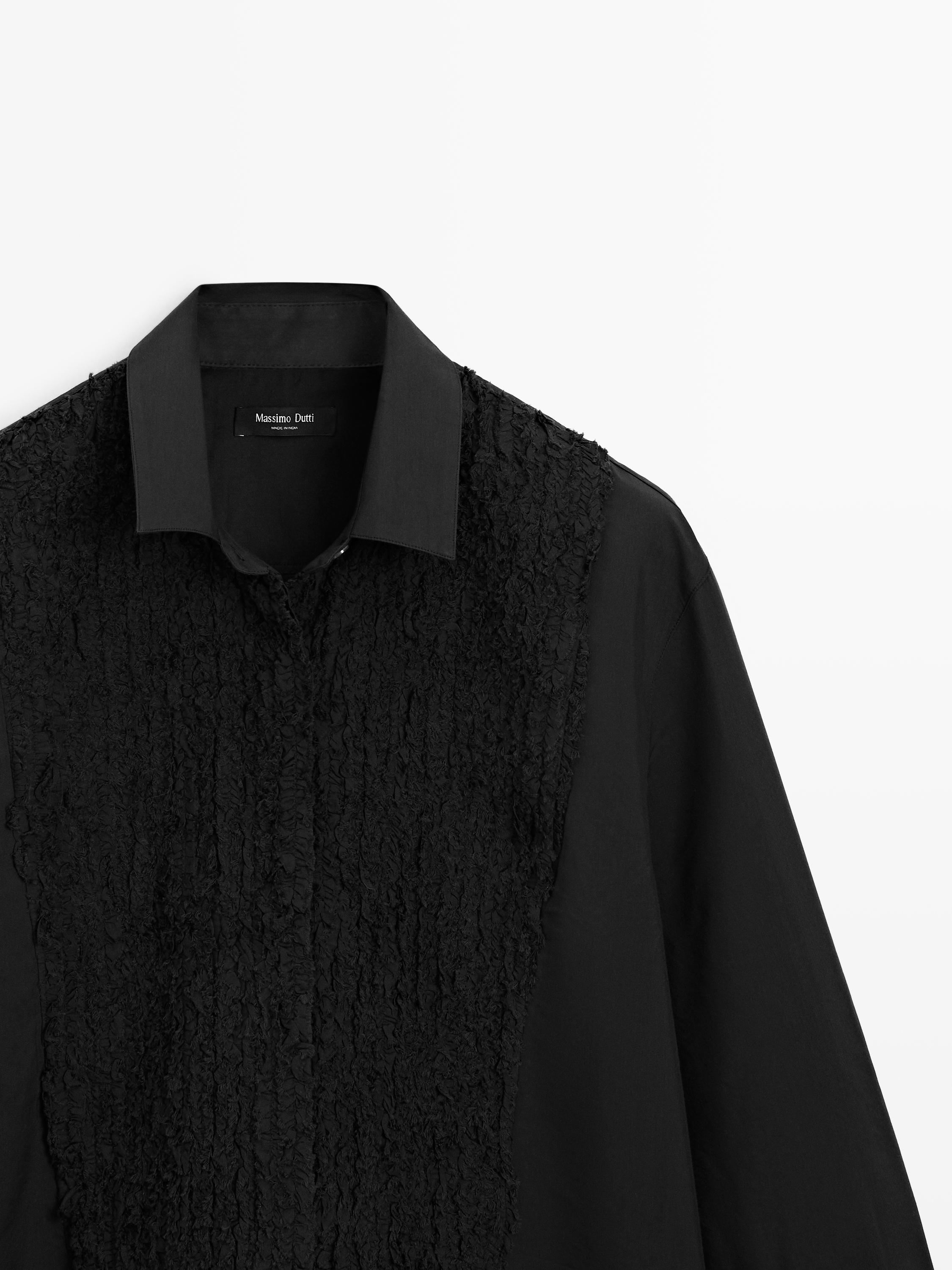 Bib front shirt with embroidered detail — BLACK