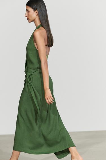 Linen halter wrap midi dress — GREEN 8