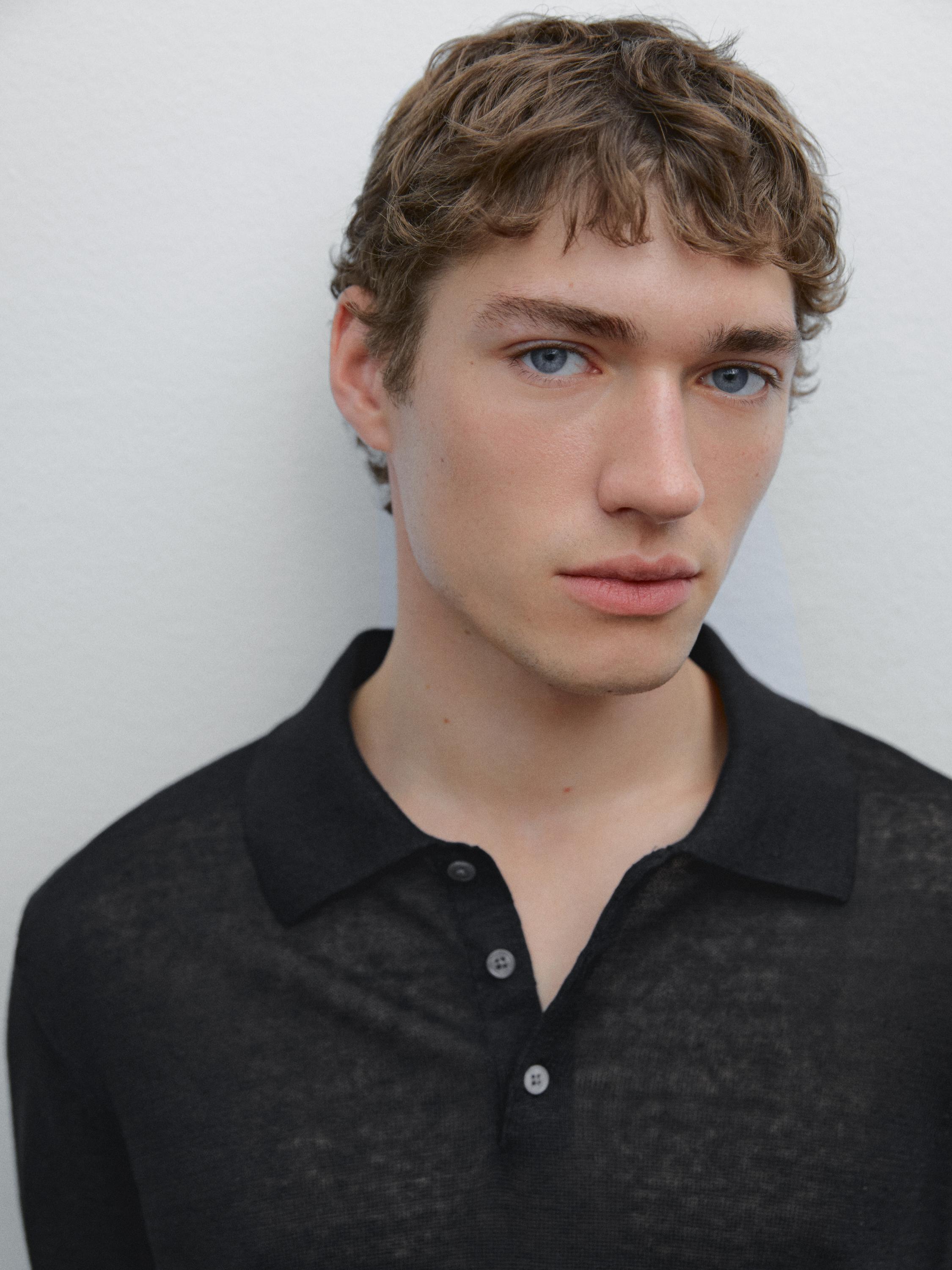 Linen polo collar knit sweater