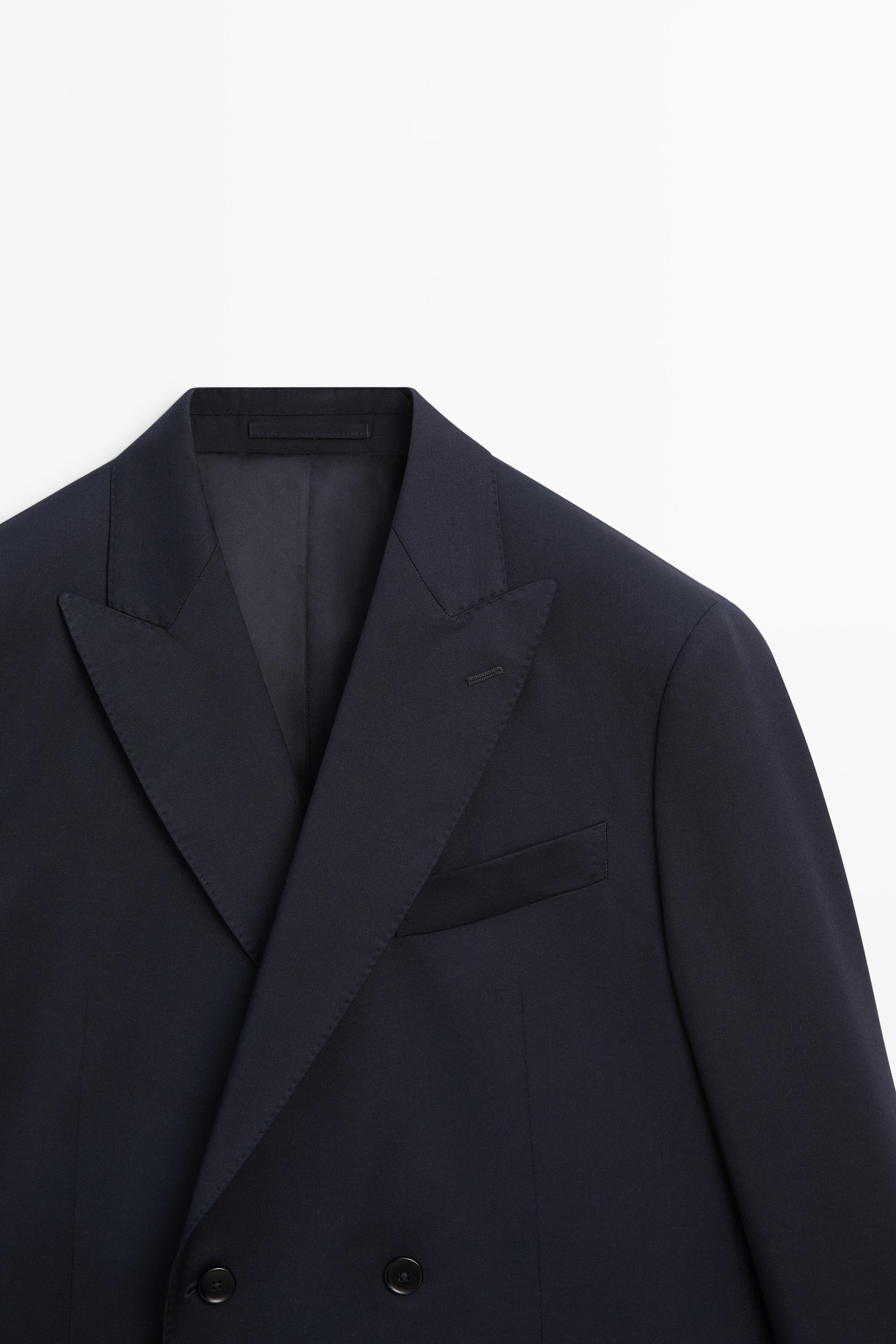 100% cool wool double-breasted suit blazer — NAVY BLUE