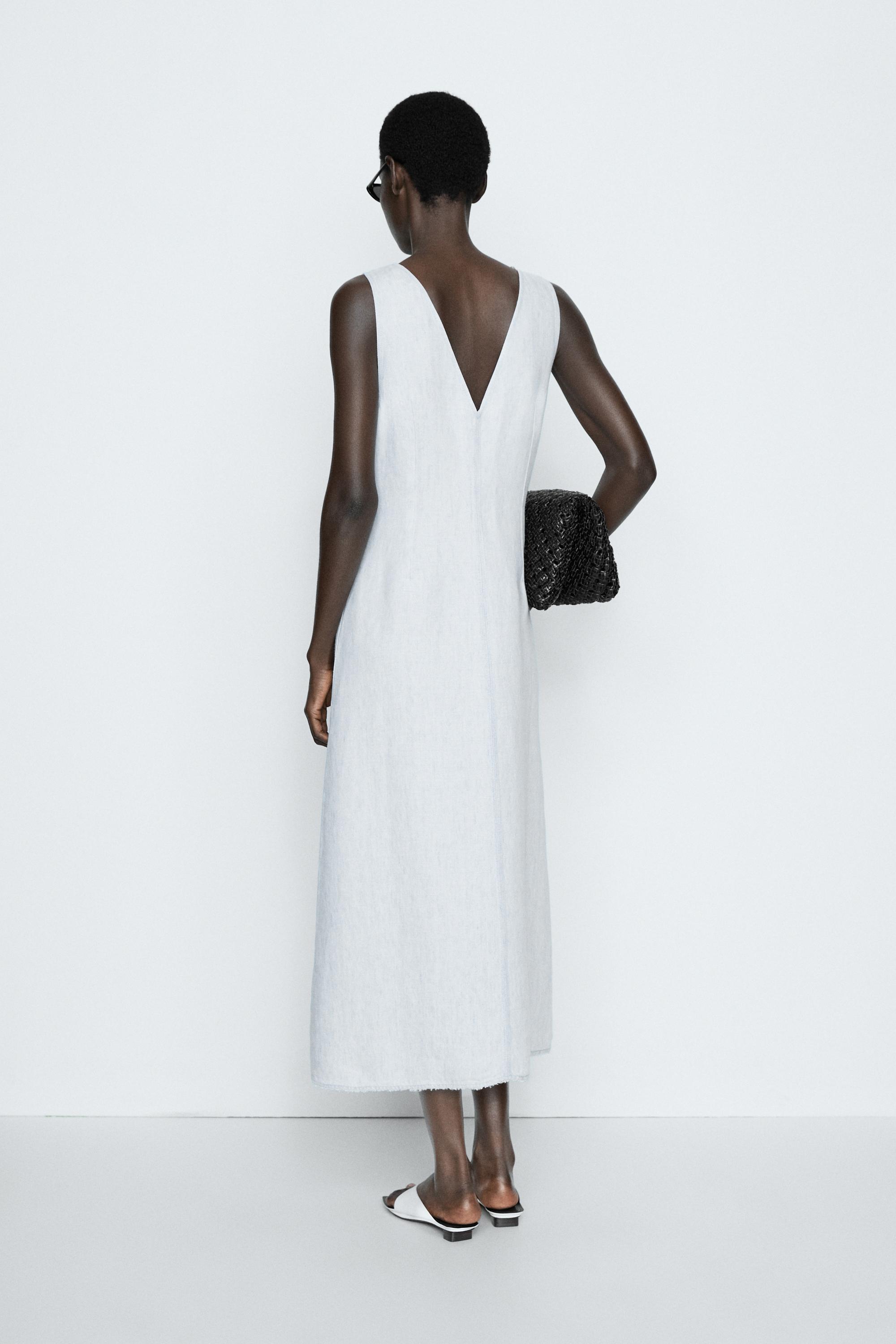 100% Linen Midi Dress - STUDIO — Light Blue