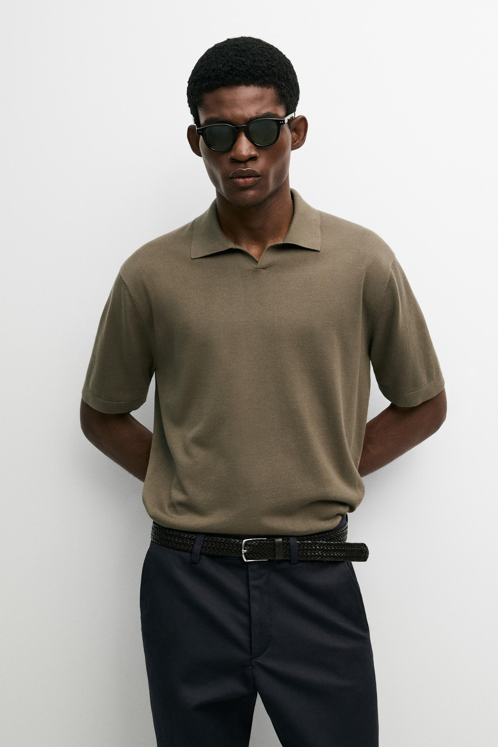 100% cotton V-neck knit polo — Khaki