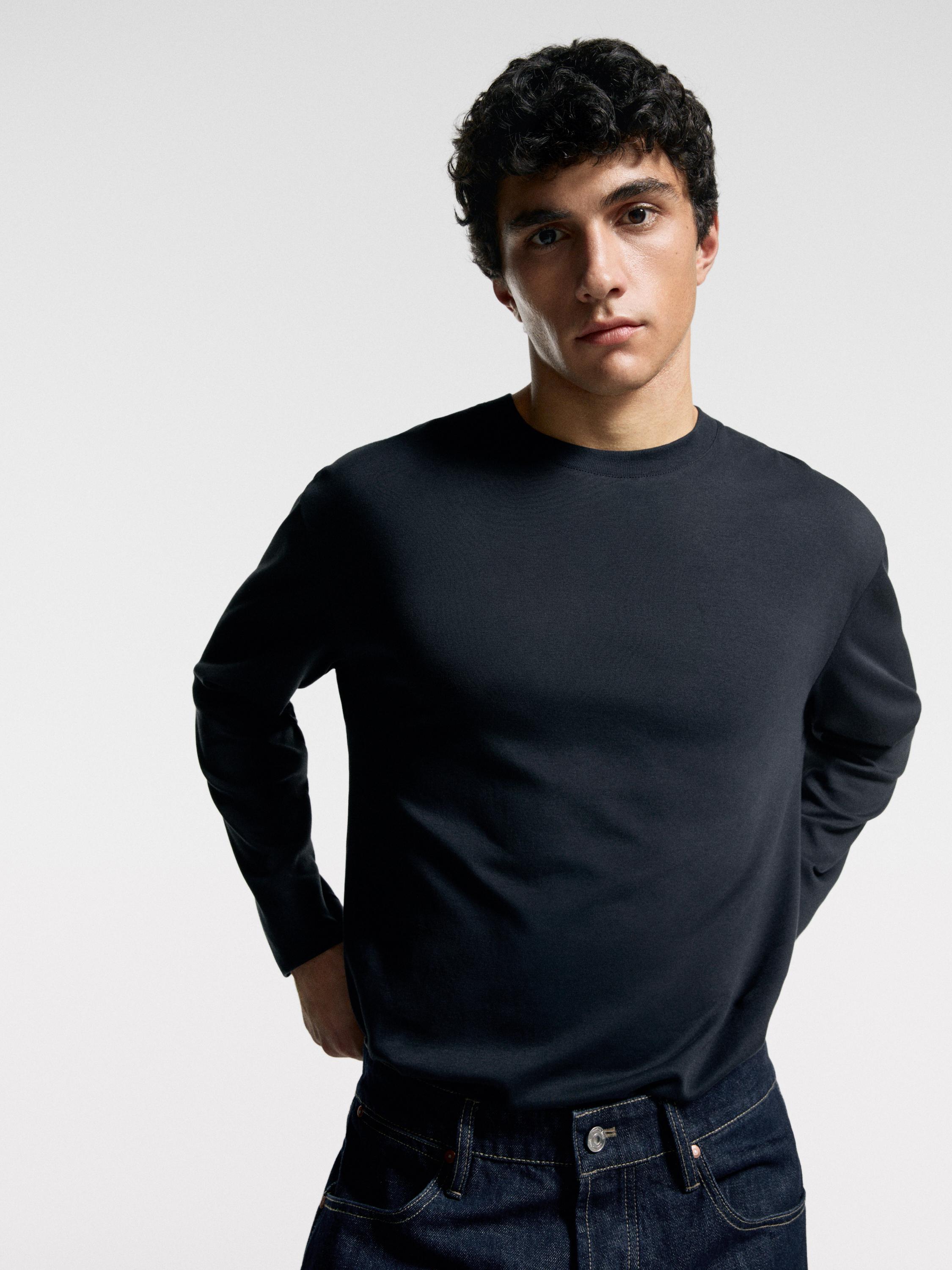 Long sleeve medium weight cotton T-shirt — NAVY BLUE