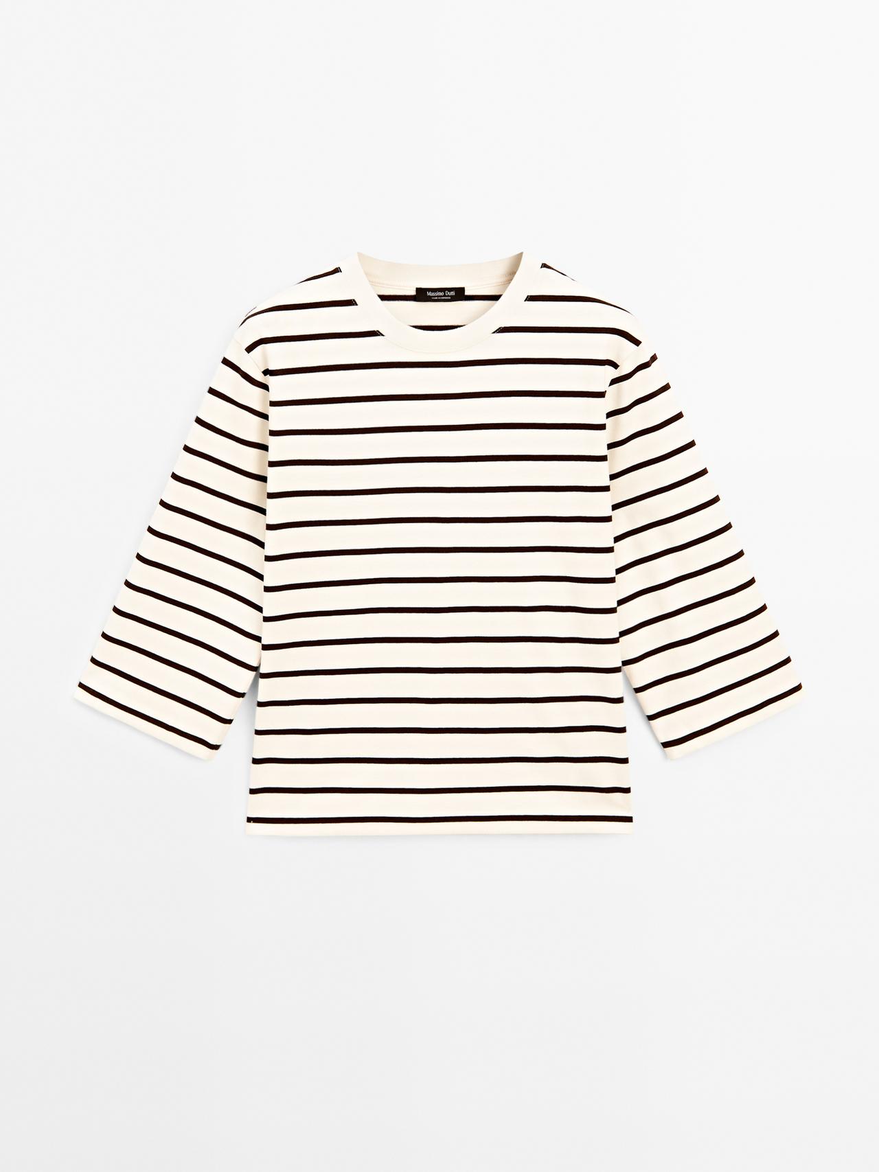 Massimo Dutti - Dame - Stribet T-Shirt Med Albuelange Ærmer - Råhvid - S