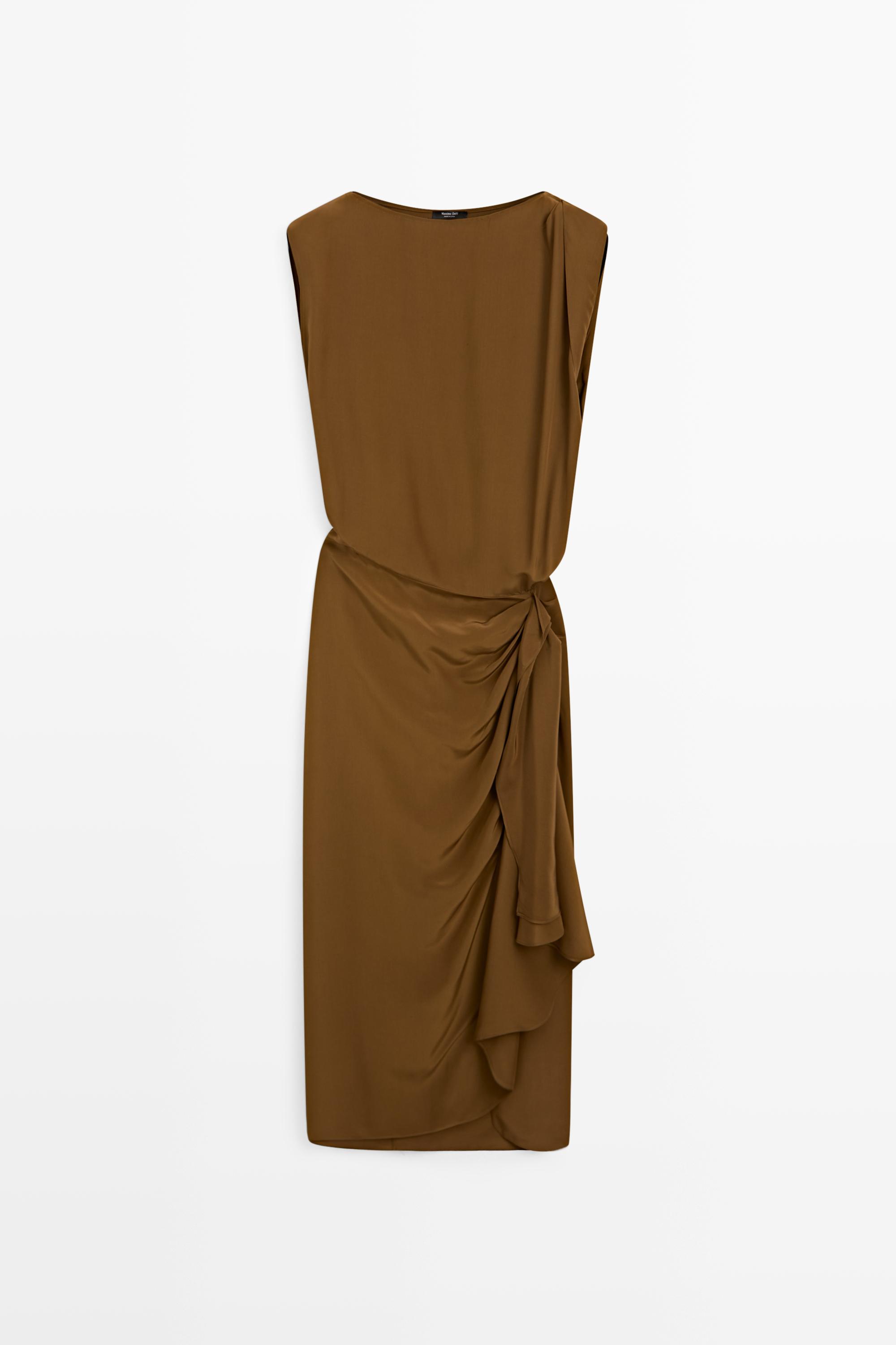Flowing midi dress with draped detail Golden Dress | Massimo Dutti Flowing midi dress with draped detail Golden Dress | Massimo Dutti