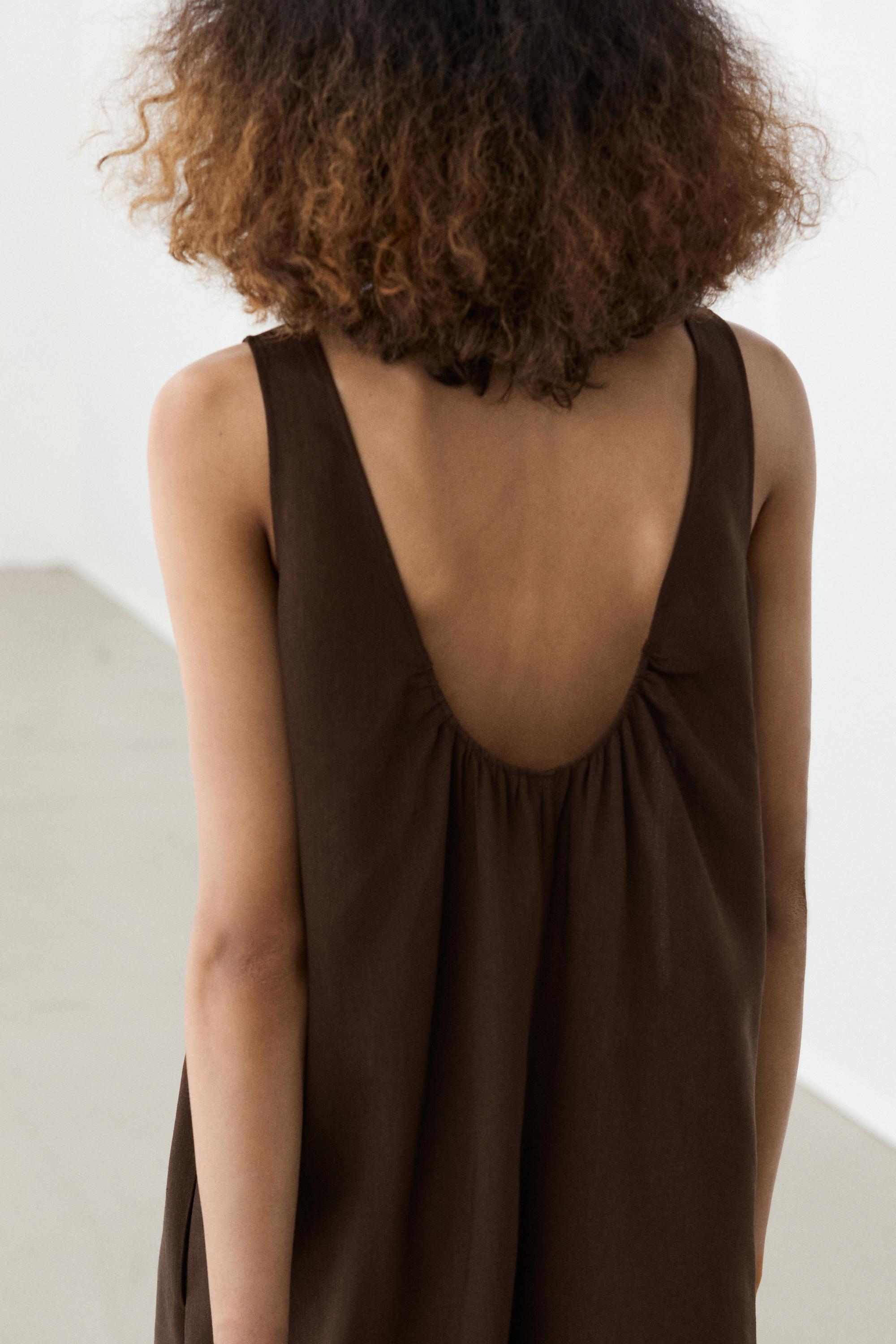 Flowing linen blend playsuit dress — Chocolate