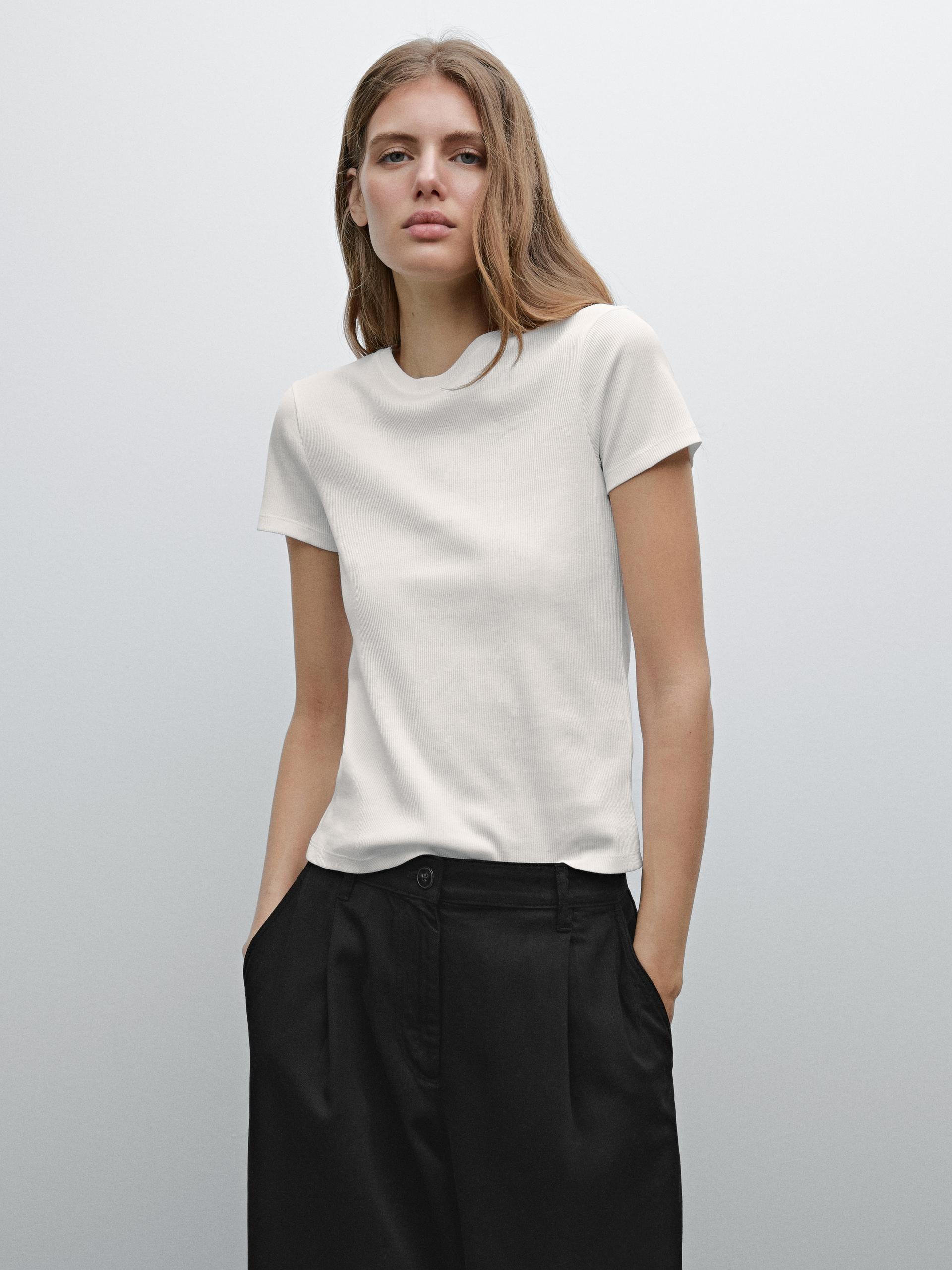 T-Shirt 100 % Coton À Bord-Côte Et Manches Courtes - Blanc - S - Massimo Dutti - Femme