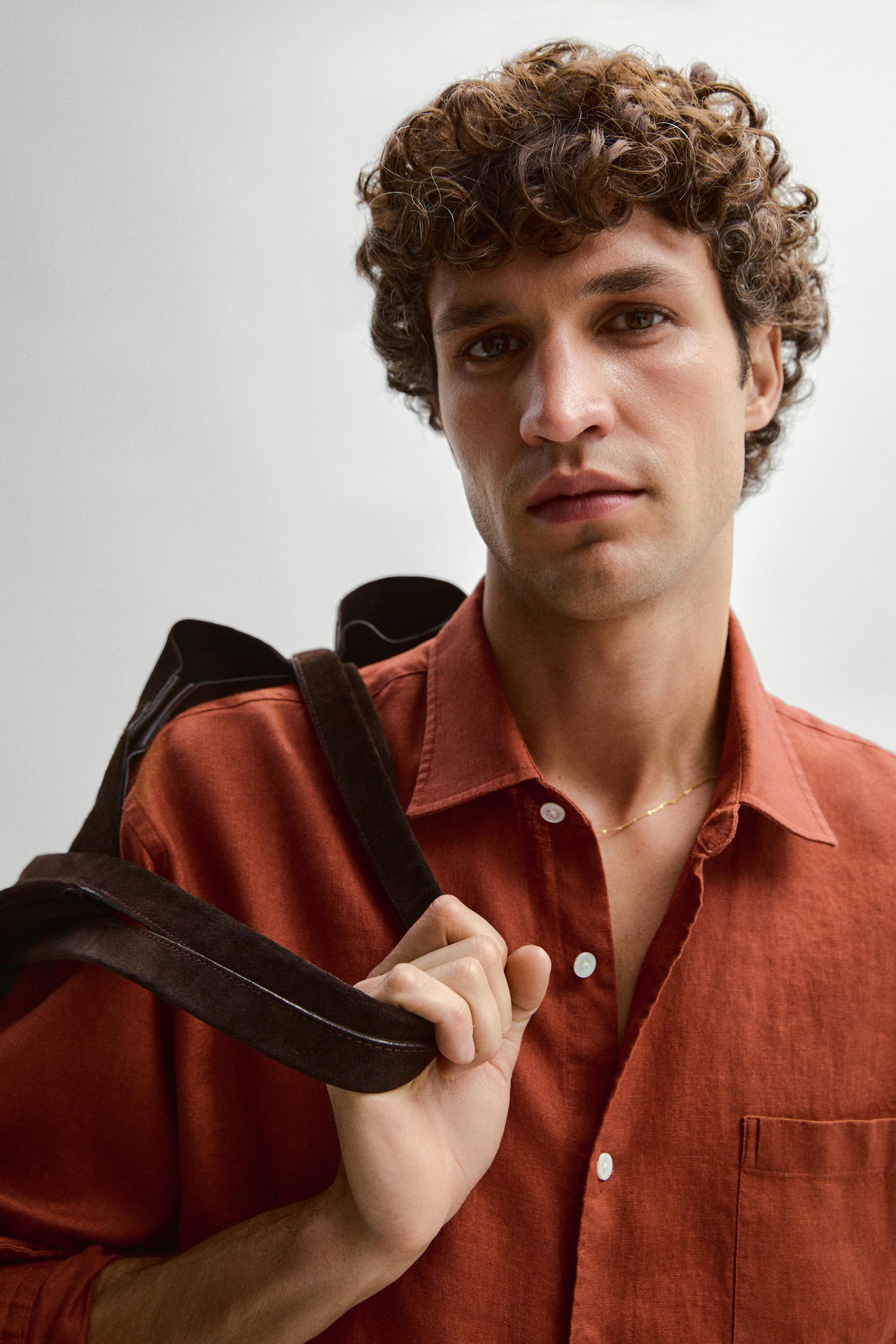 Regular fit 100% linen shirt with pocket detail — BURNT ORANGE