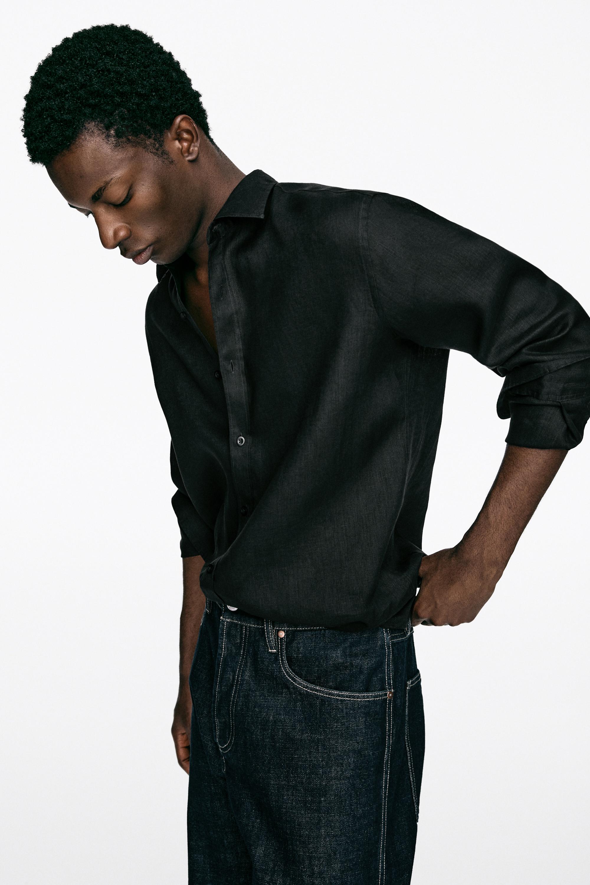 100% linen slim fit shirt — BLACK