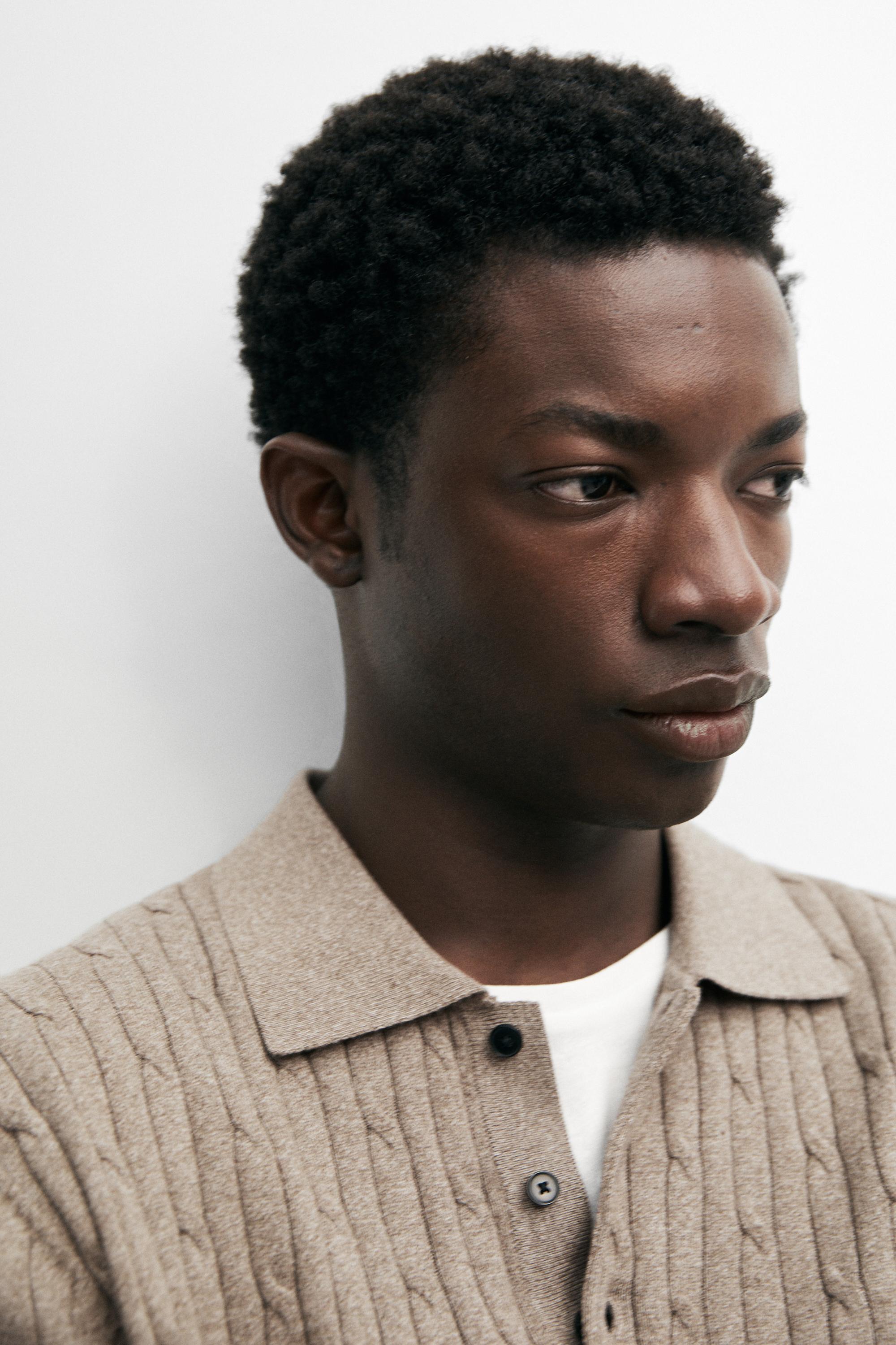 Cotton blend cable-knit polo sweater — Dark beige