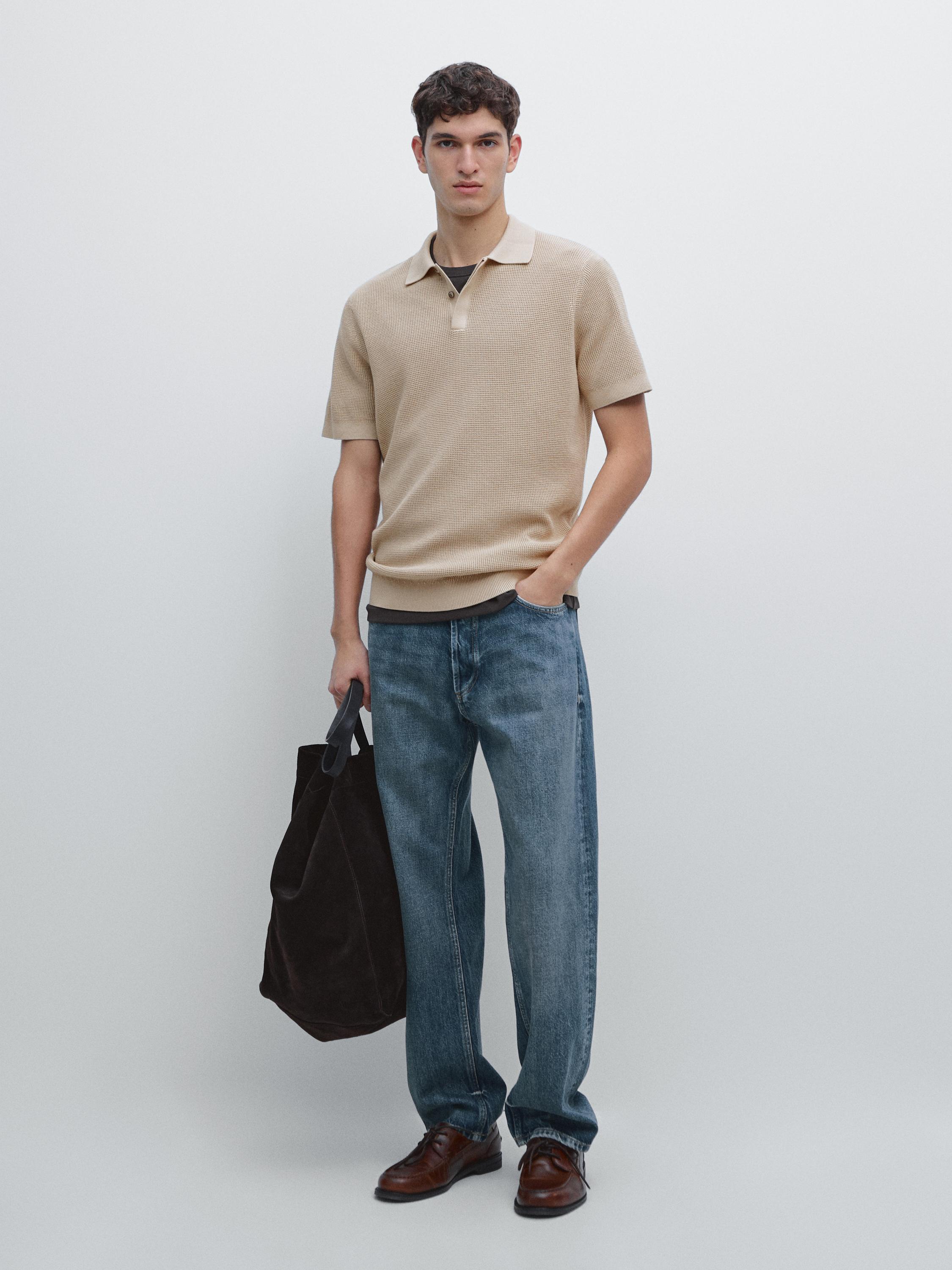 Textured cotton knit polo shirt — RUST