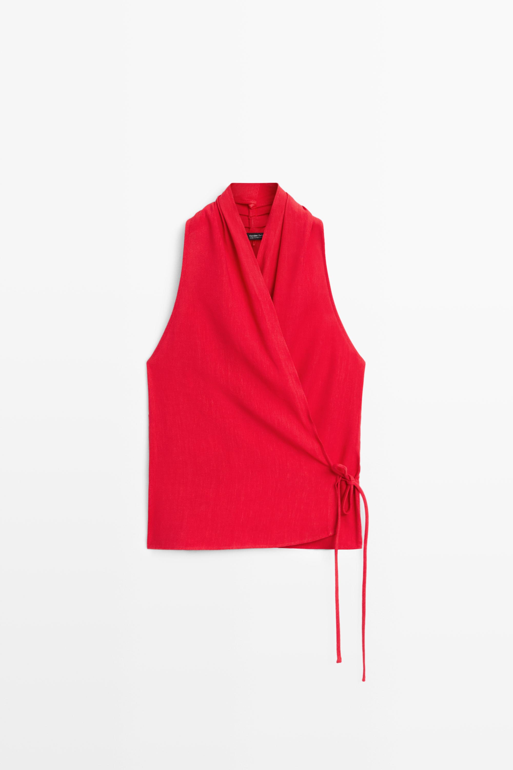 Linen halter top with tie detail — RED