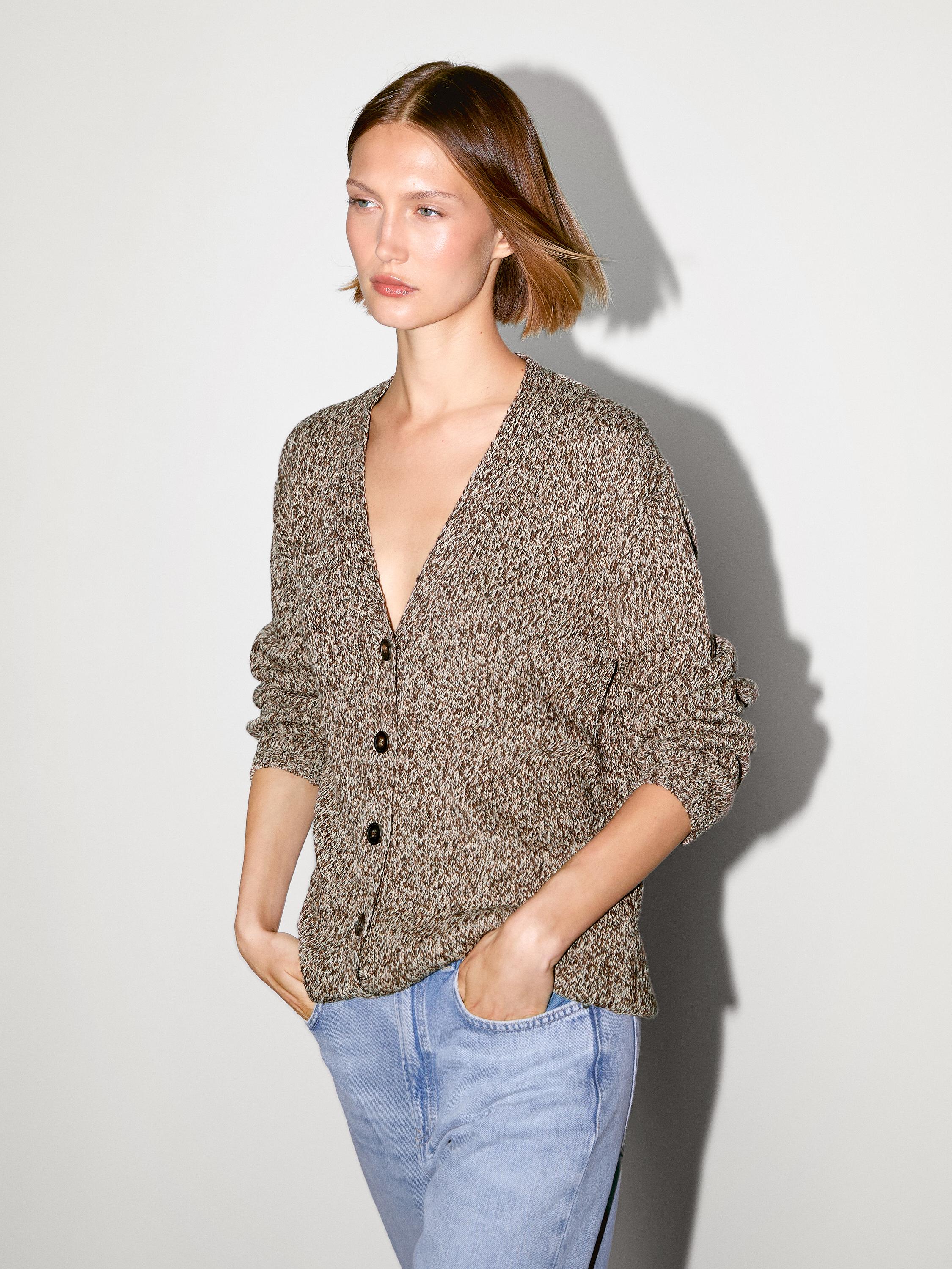 Cardigan long maille moulinée col en V