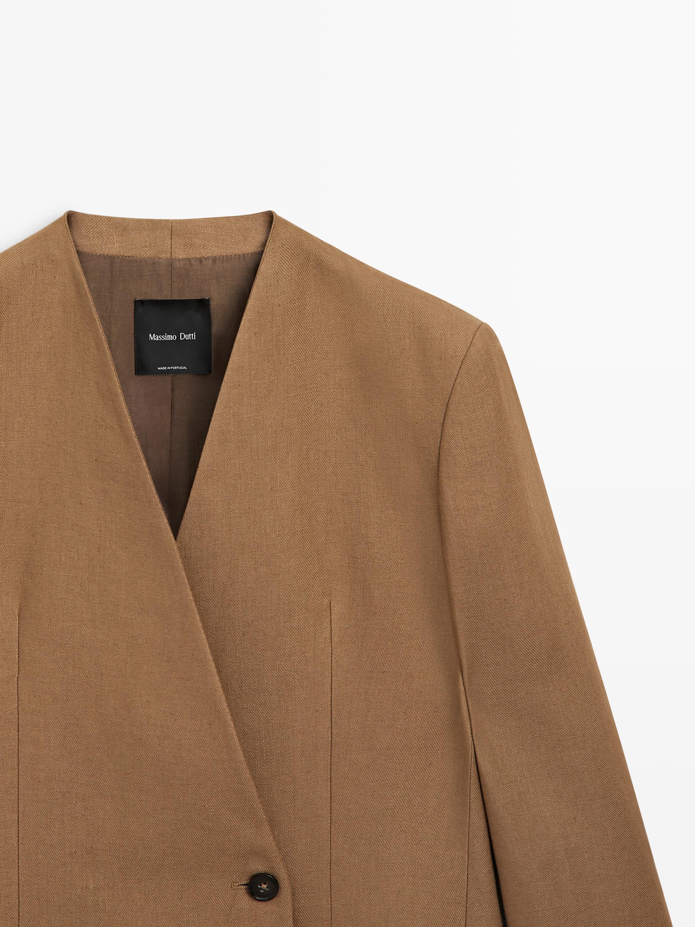 100% linen lapelless double-breasted blazer — CAMEL