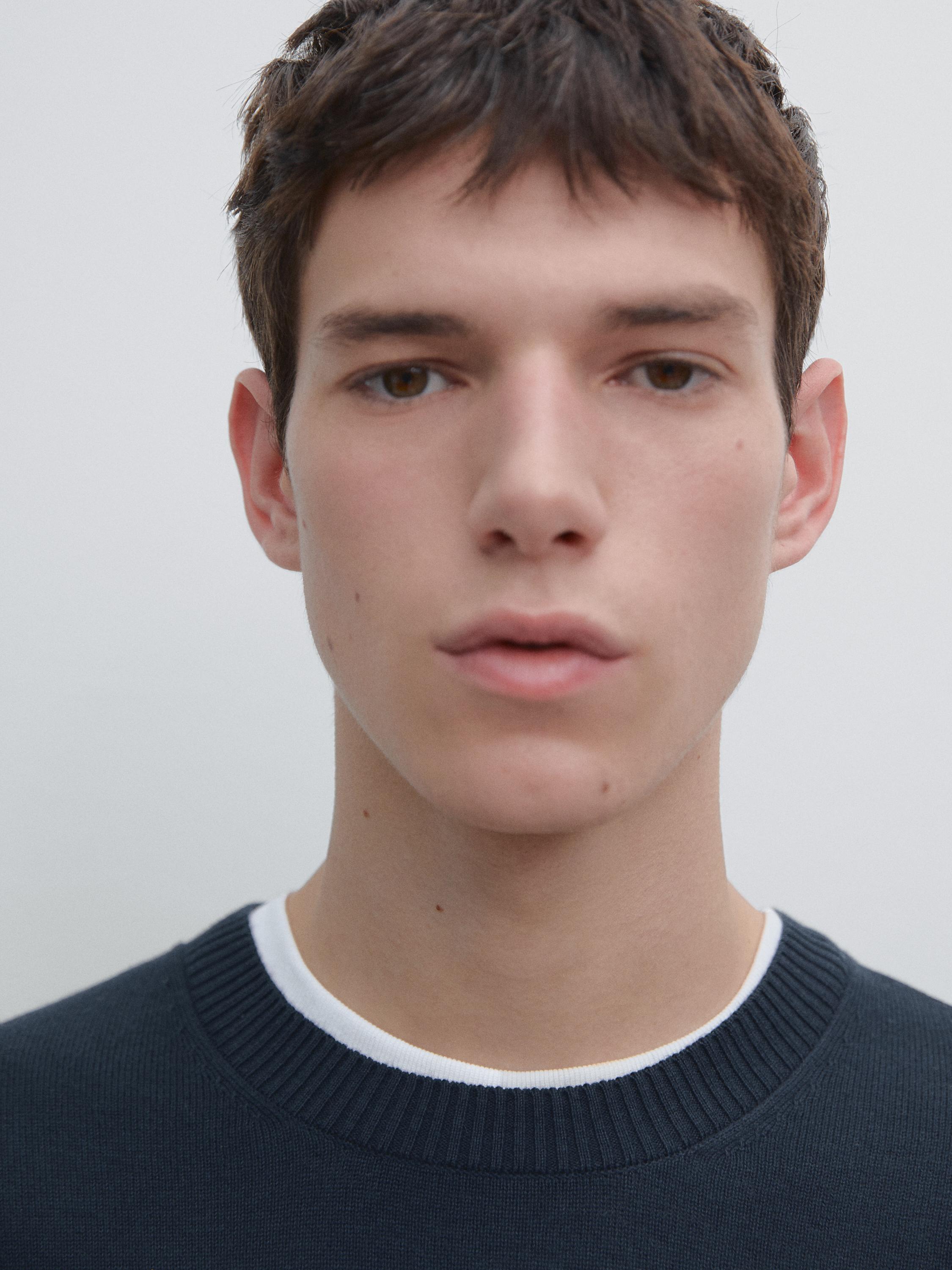 Knit cotton and wool sweater with crew neck — Dark blue