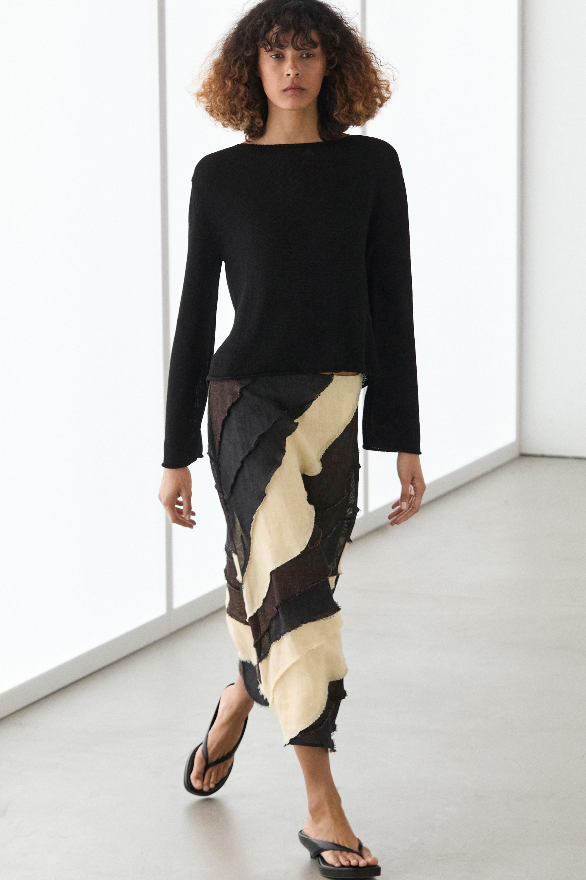 Layered contrast linen midi skirt — BROWN