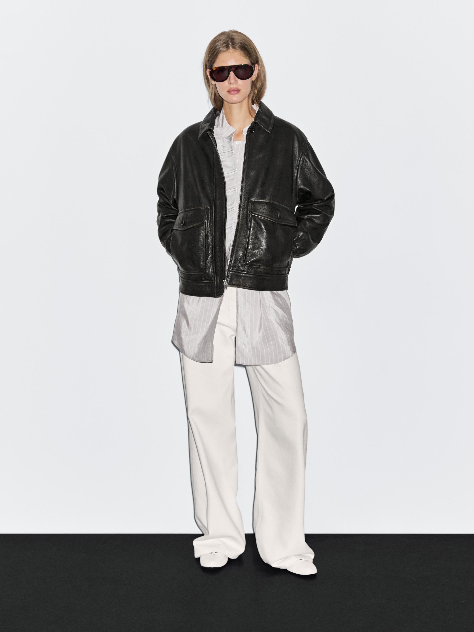 Chaqueta Piel Napa Detalle Cuello - Negro - L - Massimo Dutti - Mujer