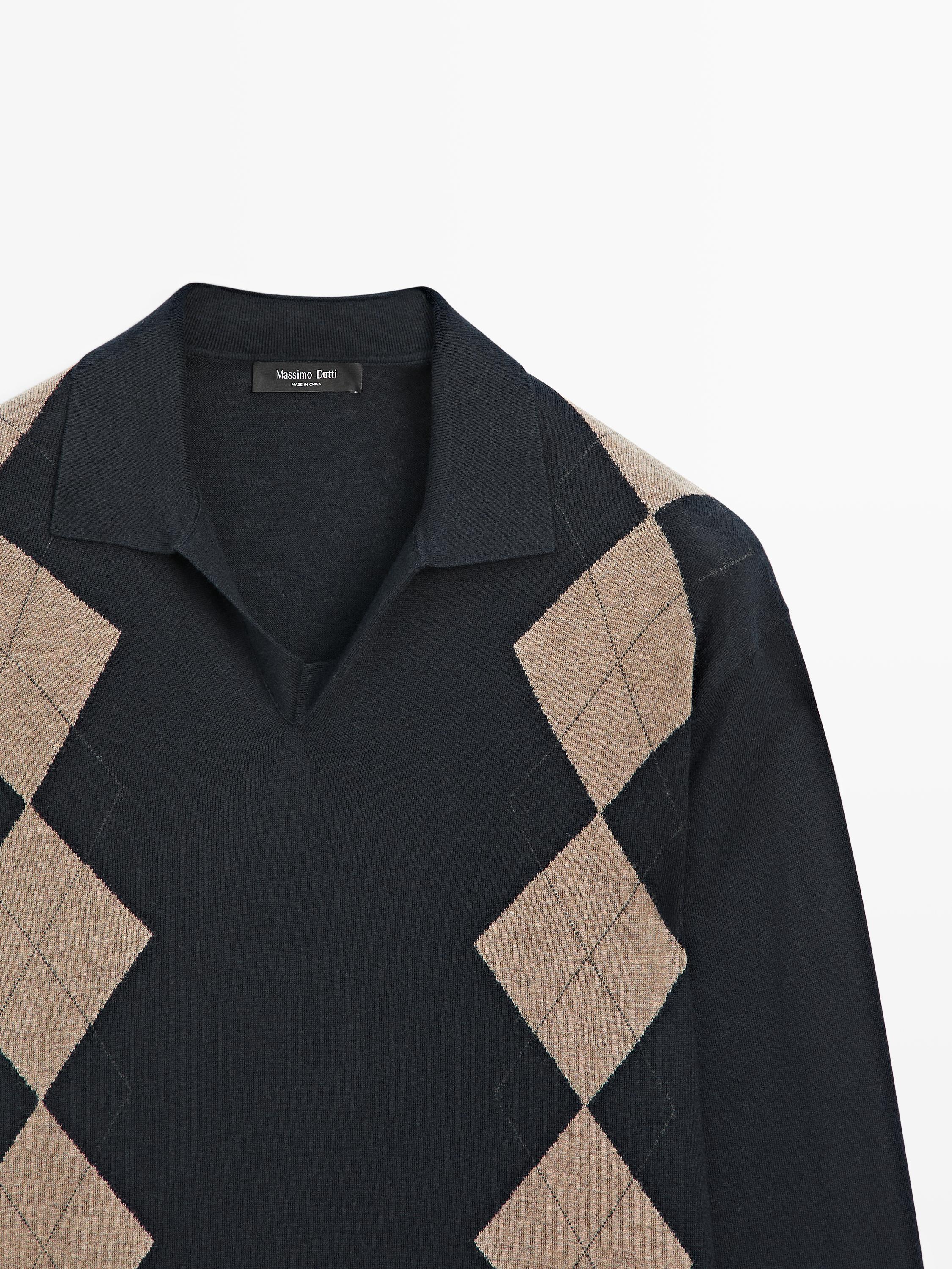 Wool blend argyle knit polo sweater — NAVY BLUE