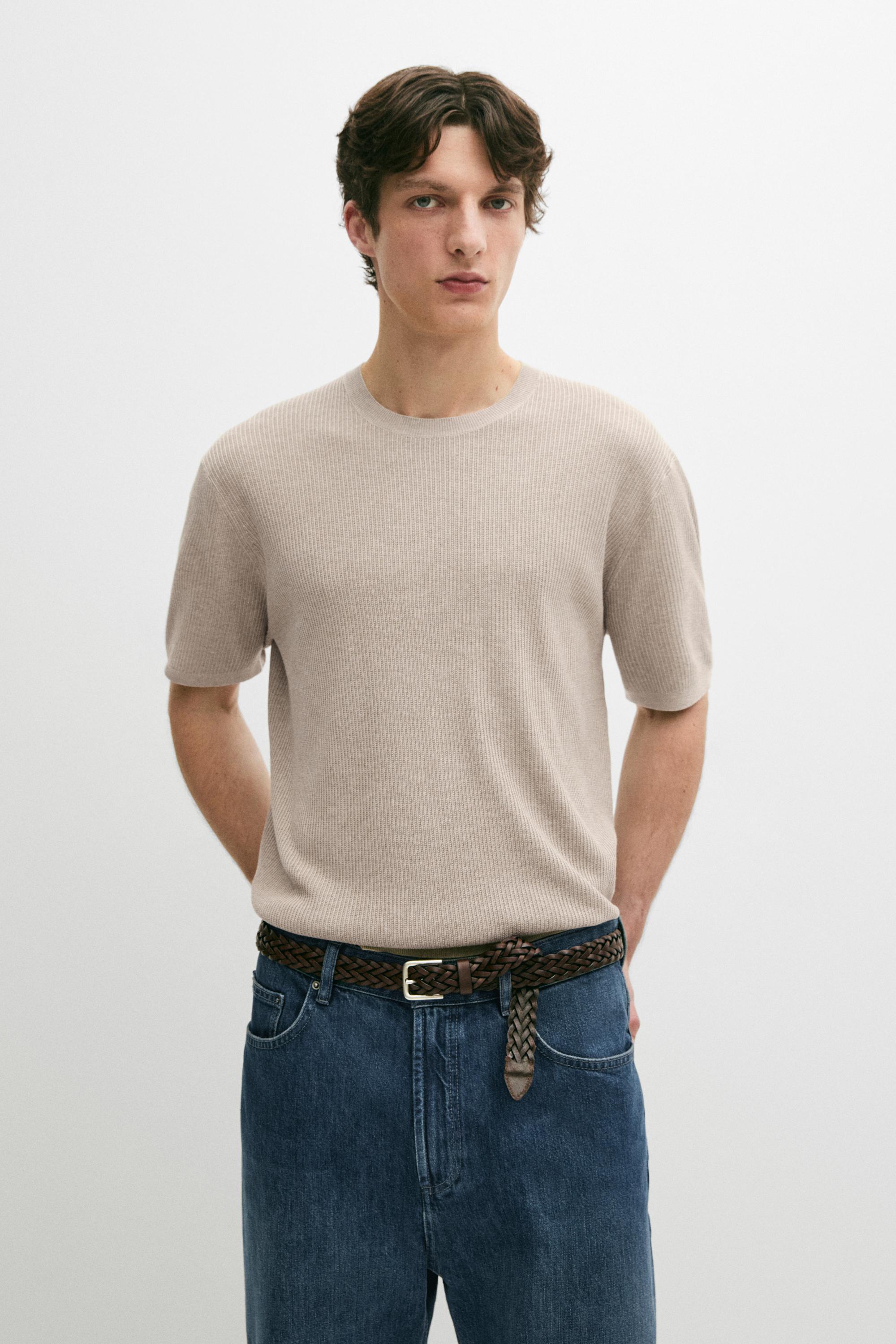 Short sleeve knit cotton blend sweater