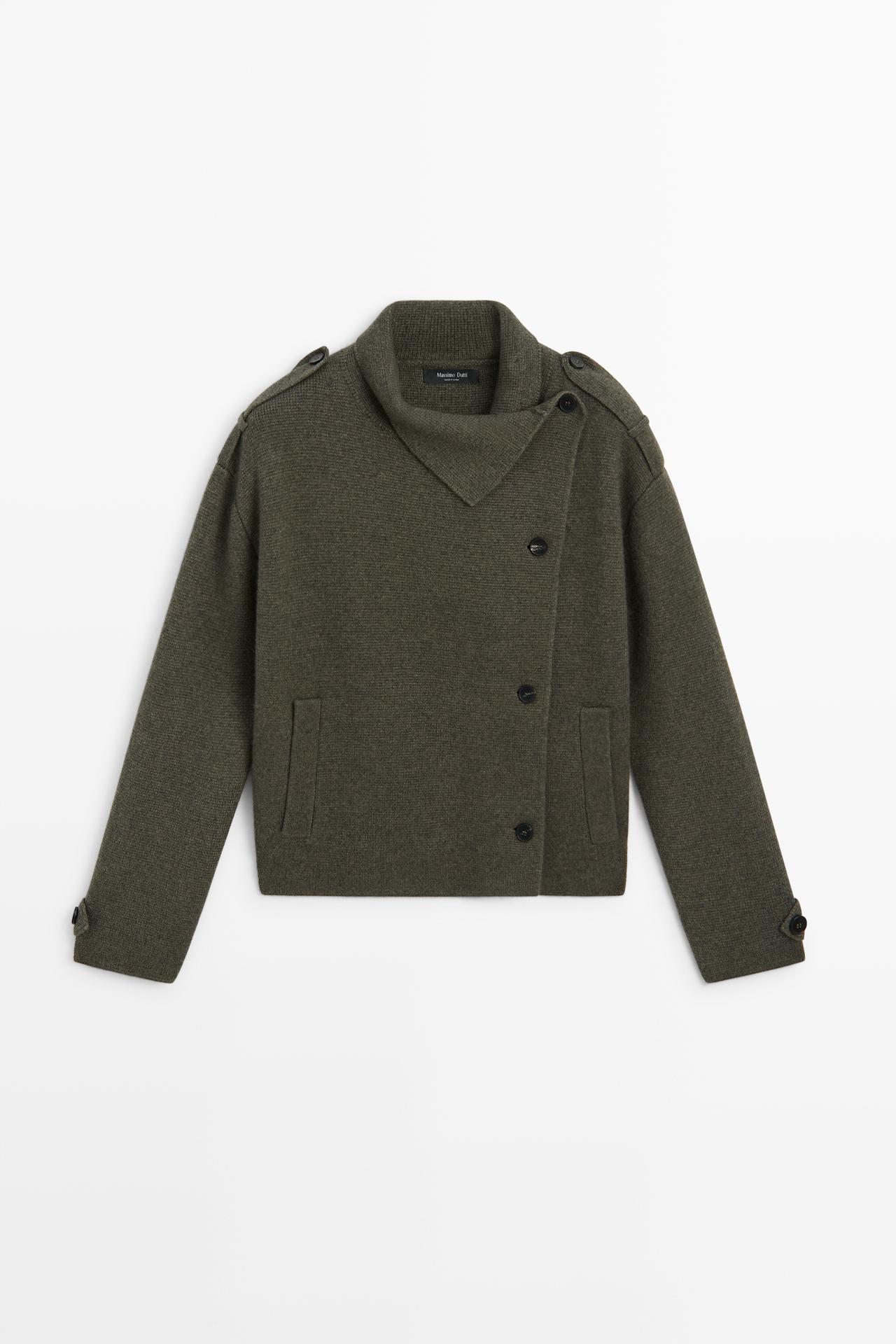 Double-breasted wool-blend knit jacket — Greyish green