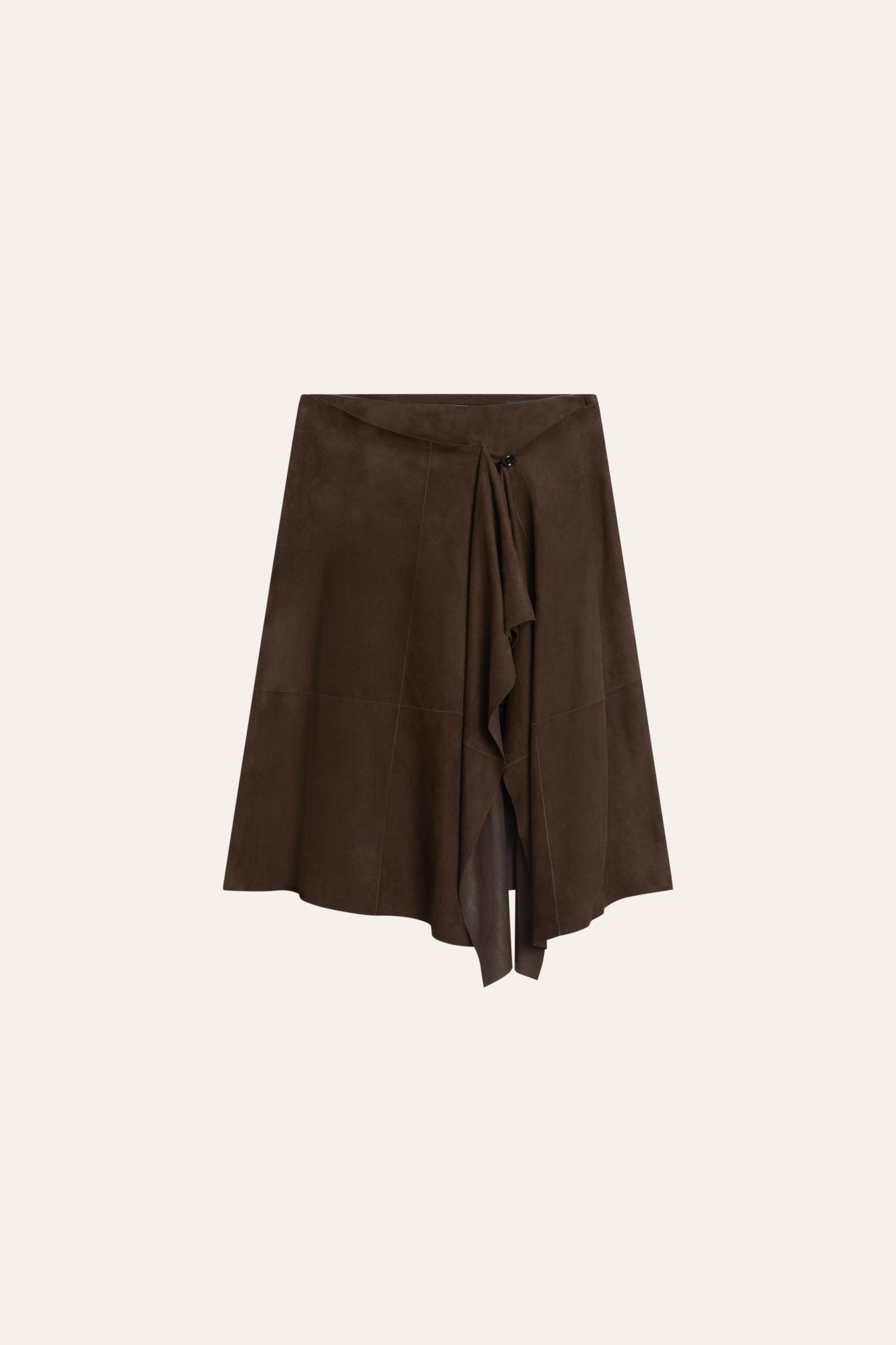 Suede leather midi skirt with ruffle detail — BROWN
