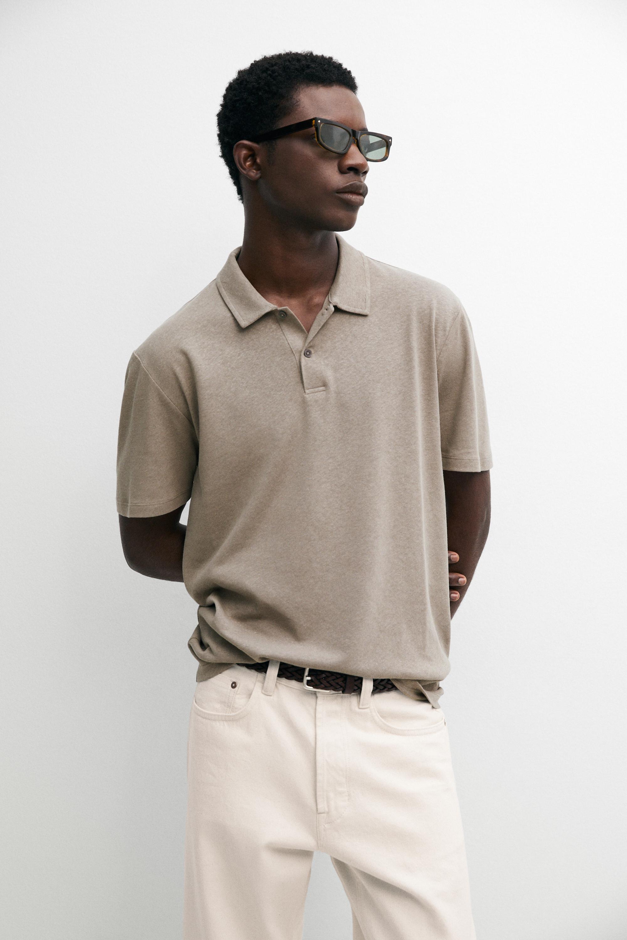 Linen and cotton short sleeve polo shirt — MOLE BROWN
