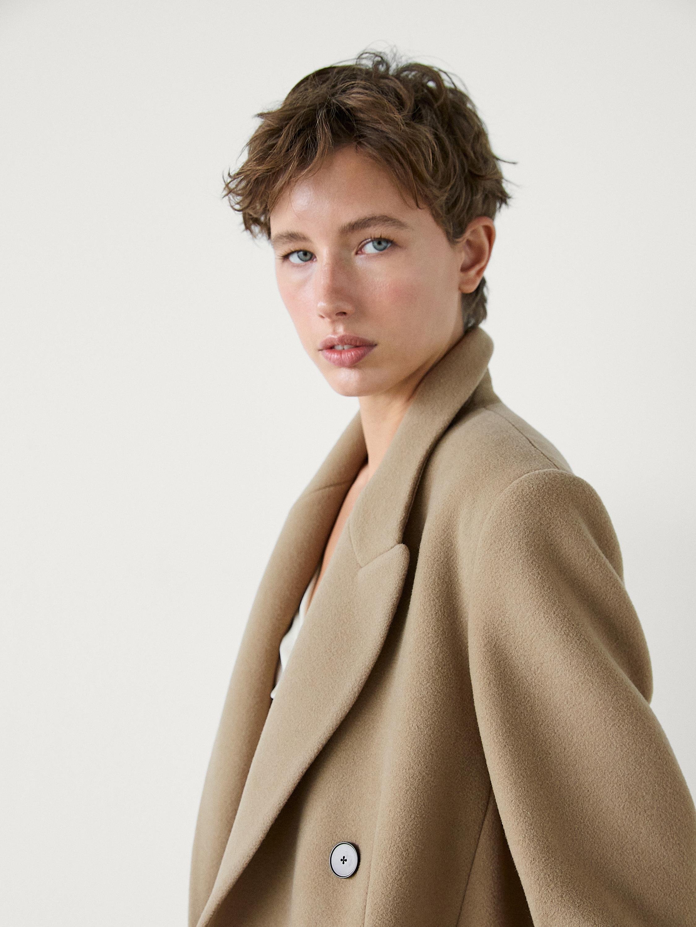 Long double breasted wool blend coat Camel Coats And Jackets Massimo Dutti