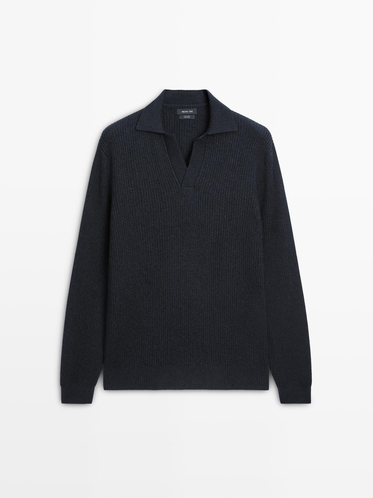 Massimo Dutti - Herre - Polosweater I Strik Af Bomuld - Marineblå - L