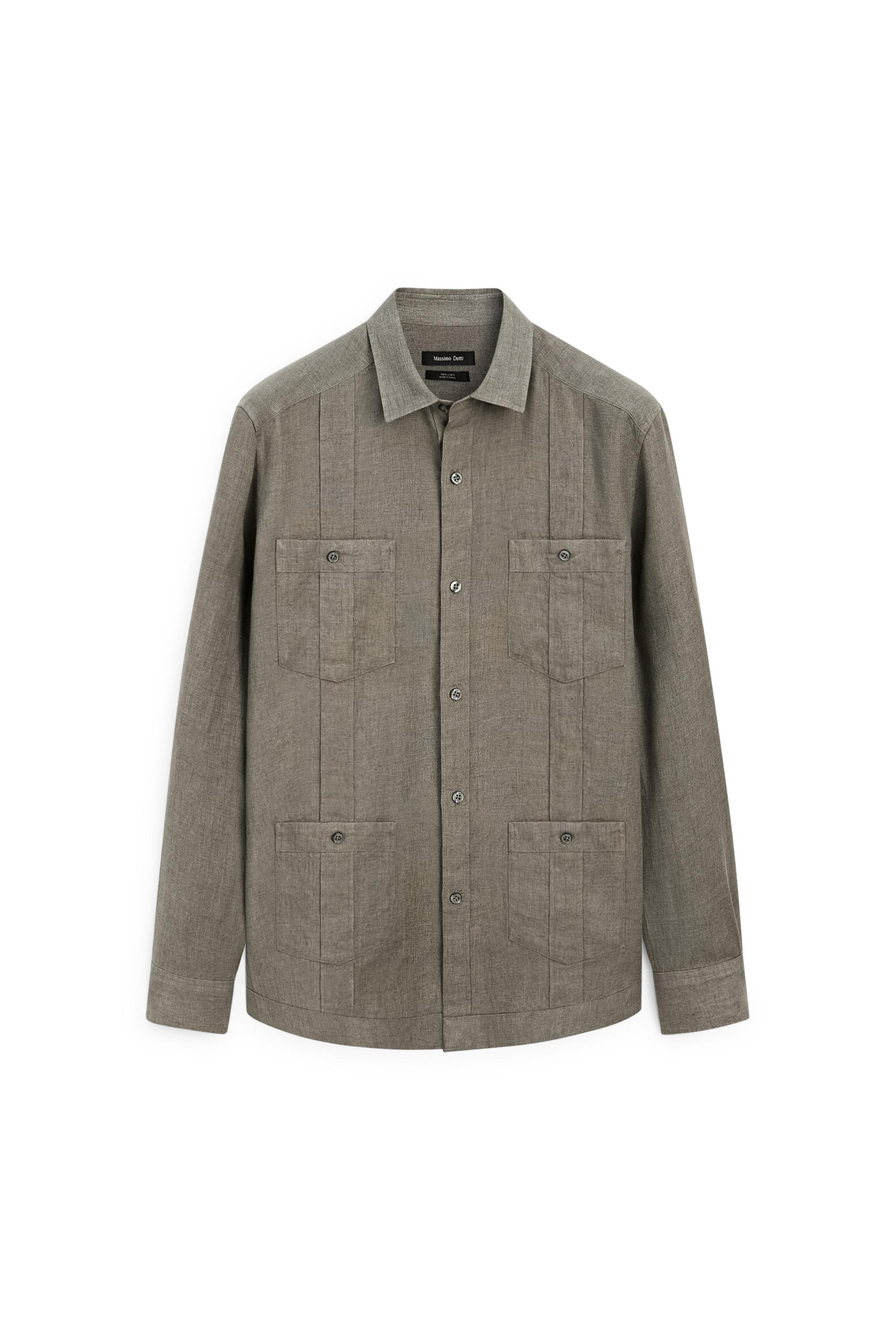 Regular fit 100% linen shirt with pockets — GREEN