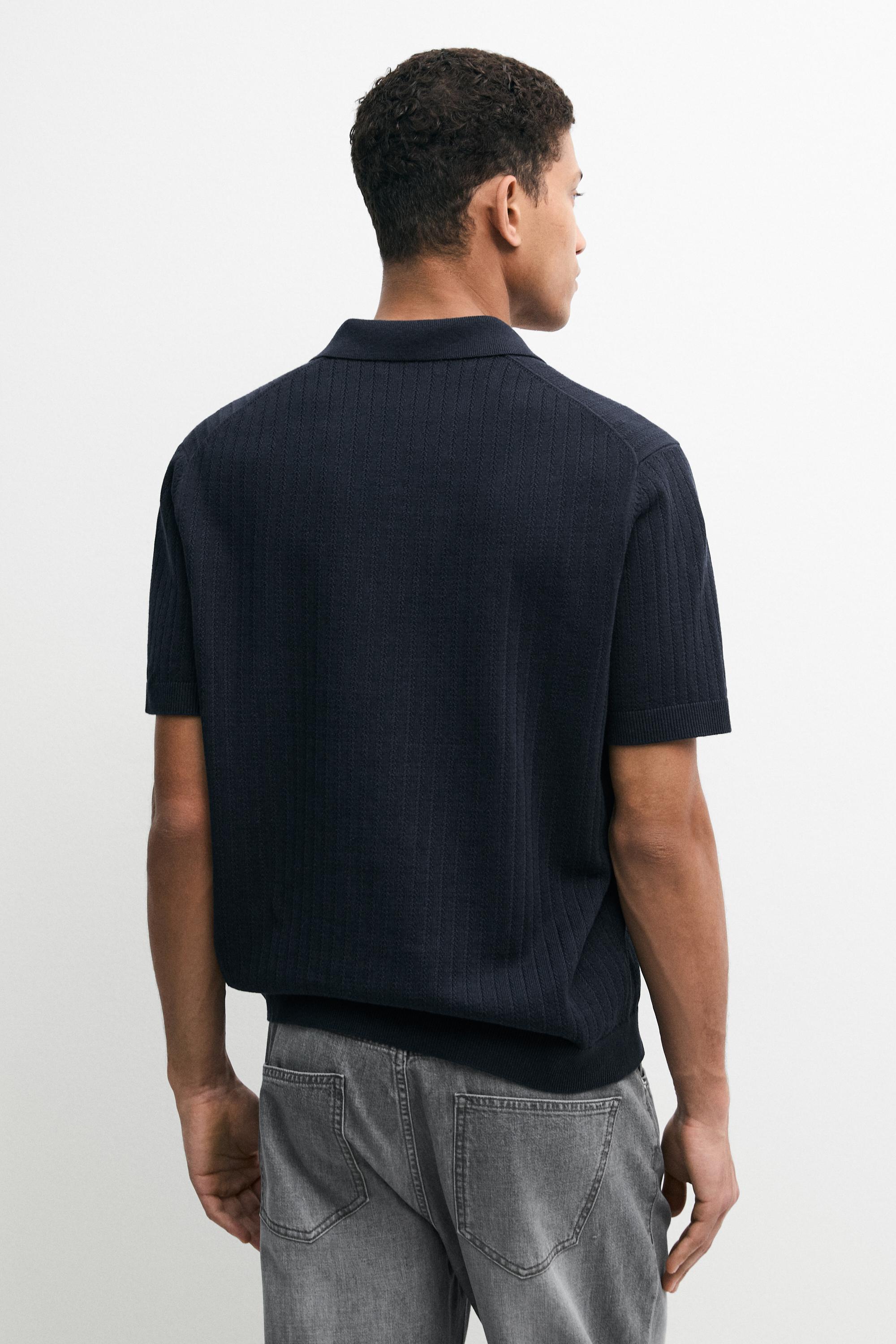 Knit polo sweater with cutwork detail — NAVY BLUE