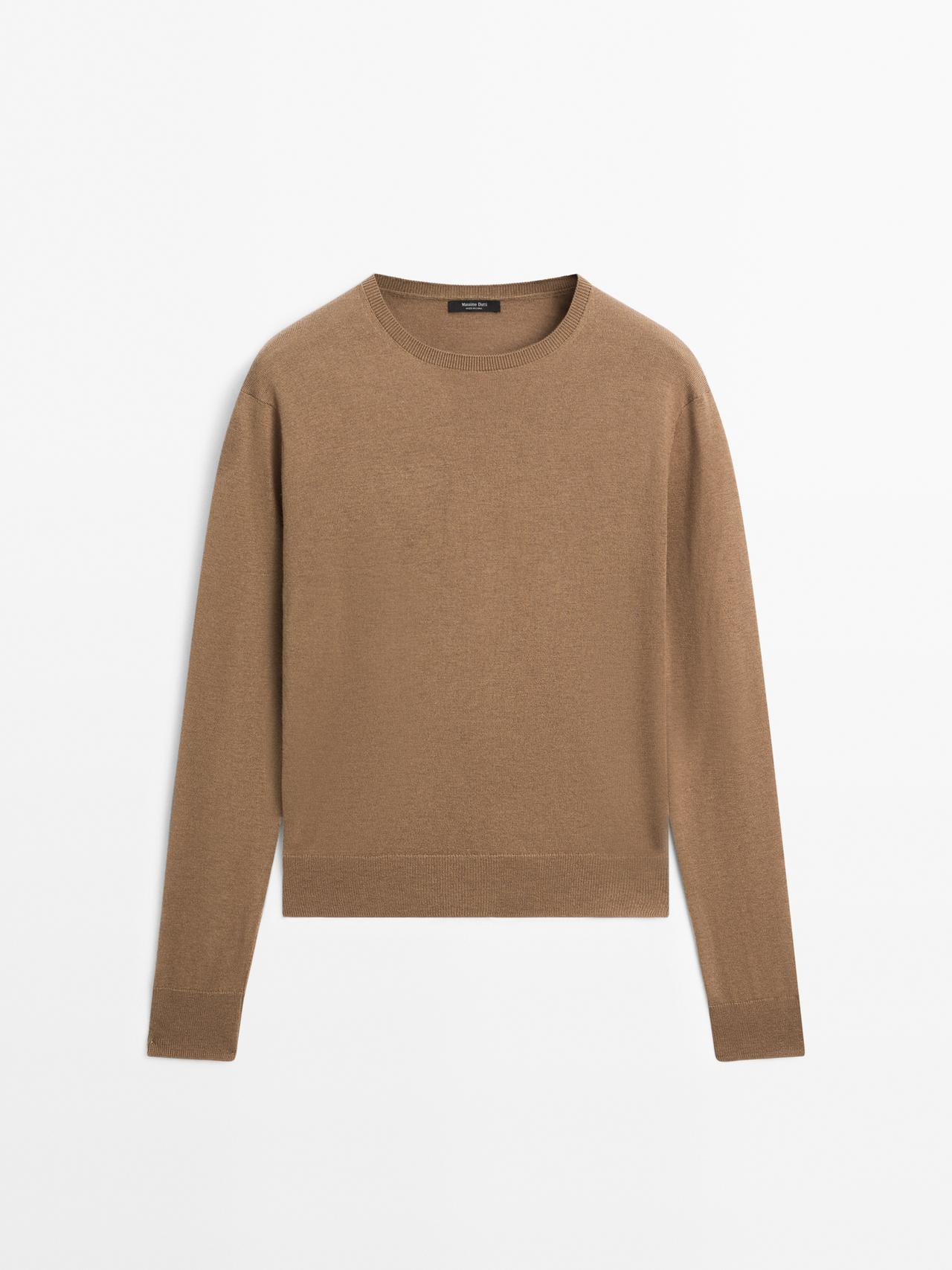 Massimo Dutti - Dame - Striktrøje I Uldblanding Med Rund Hals - Karamelfarvet - S