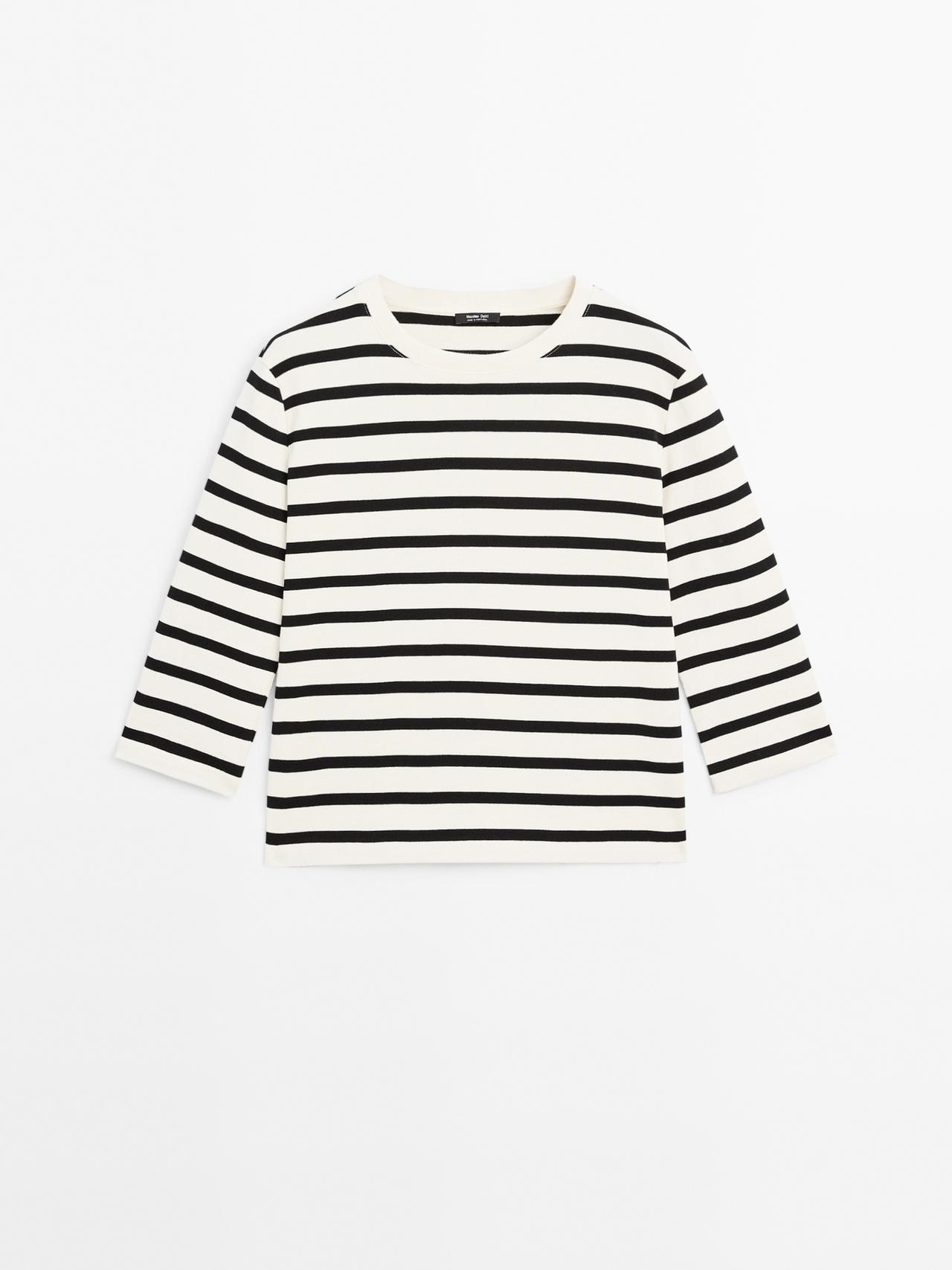 Massimo Dutti - Dames - 100% Katoenen T-Shirt Met Strepen - Ecru - L