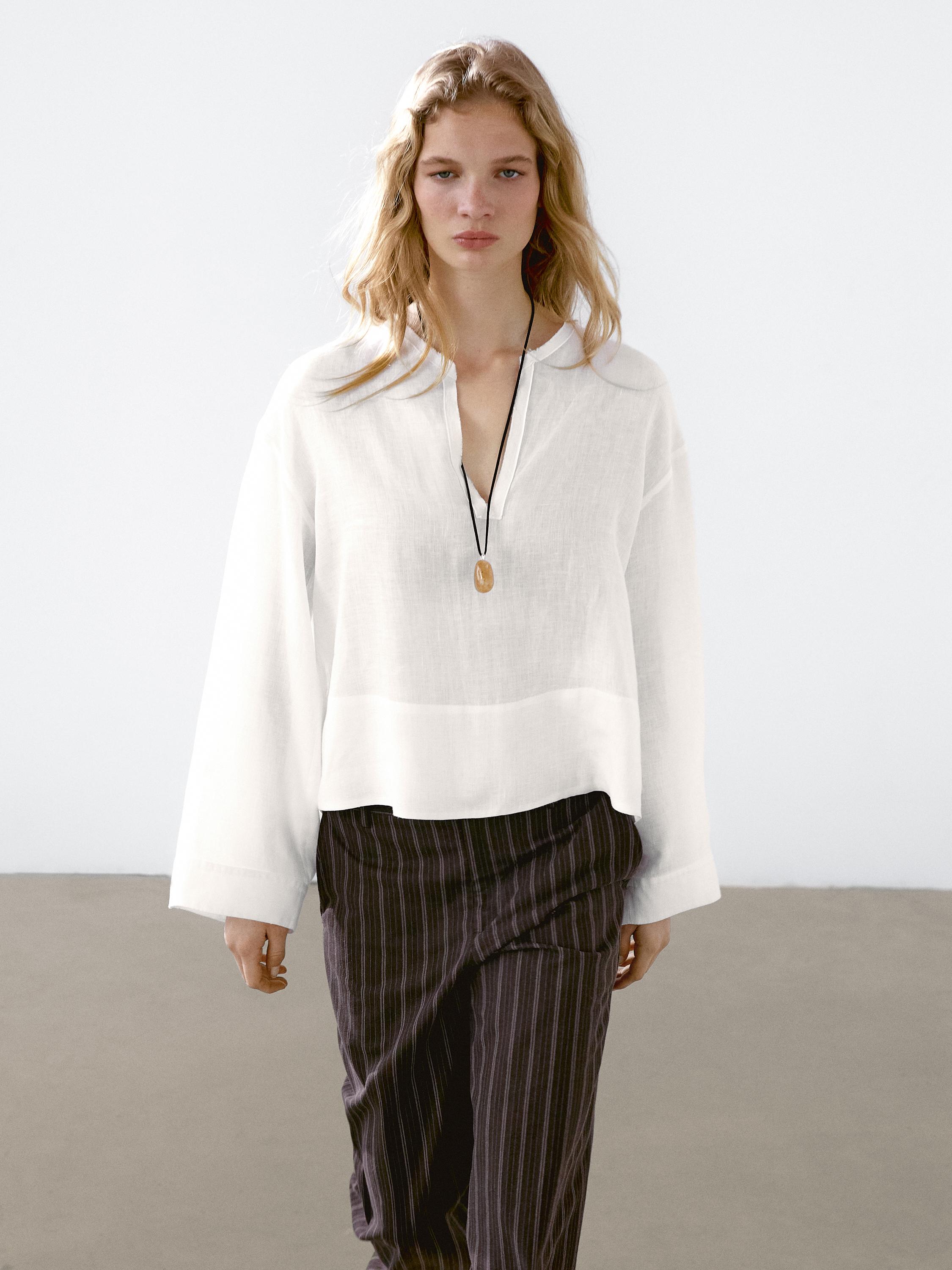 Chemisier à col officier ouvert 100 % lin