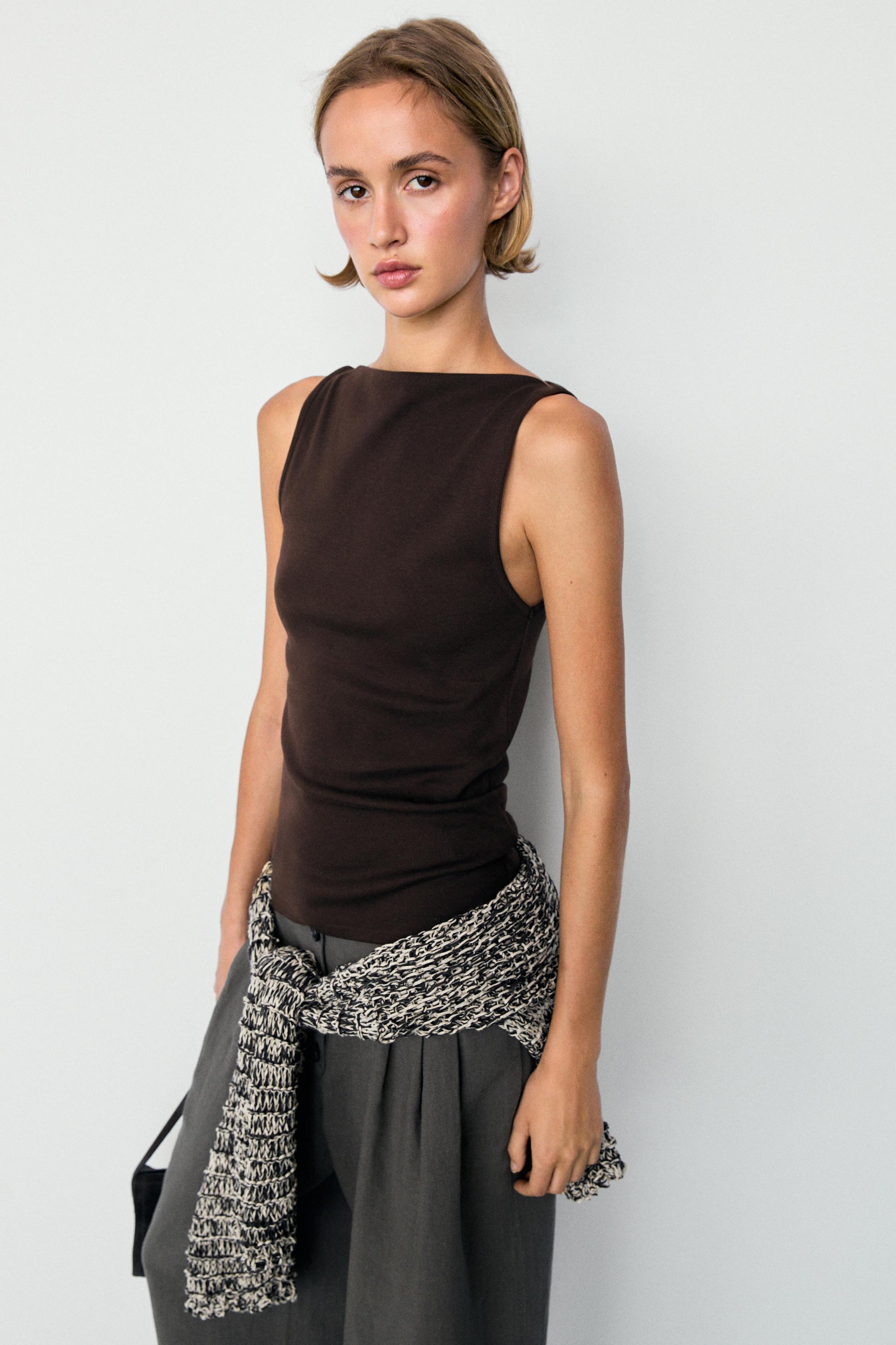 100% cotton straight neckline T-shirt — BROWN