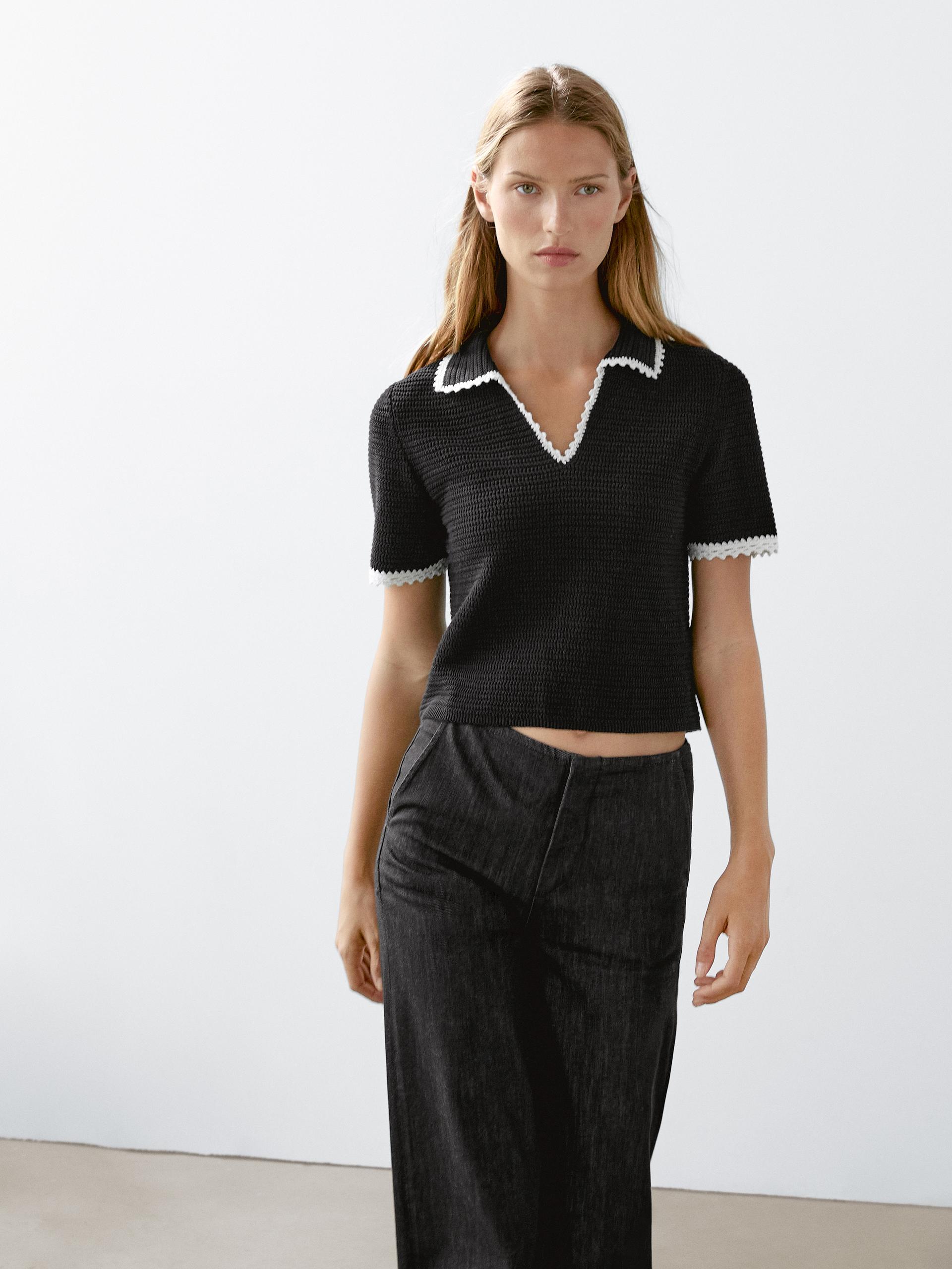 Massimo Dutti Short Sleeve Knit Cotton Polo Shirt In Black