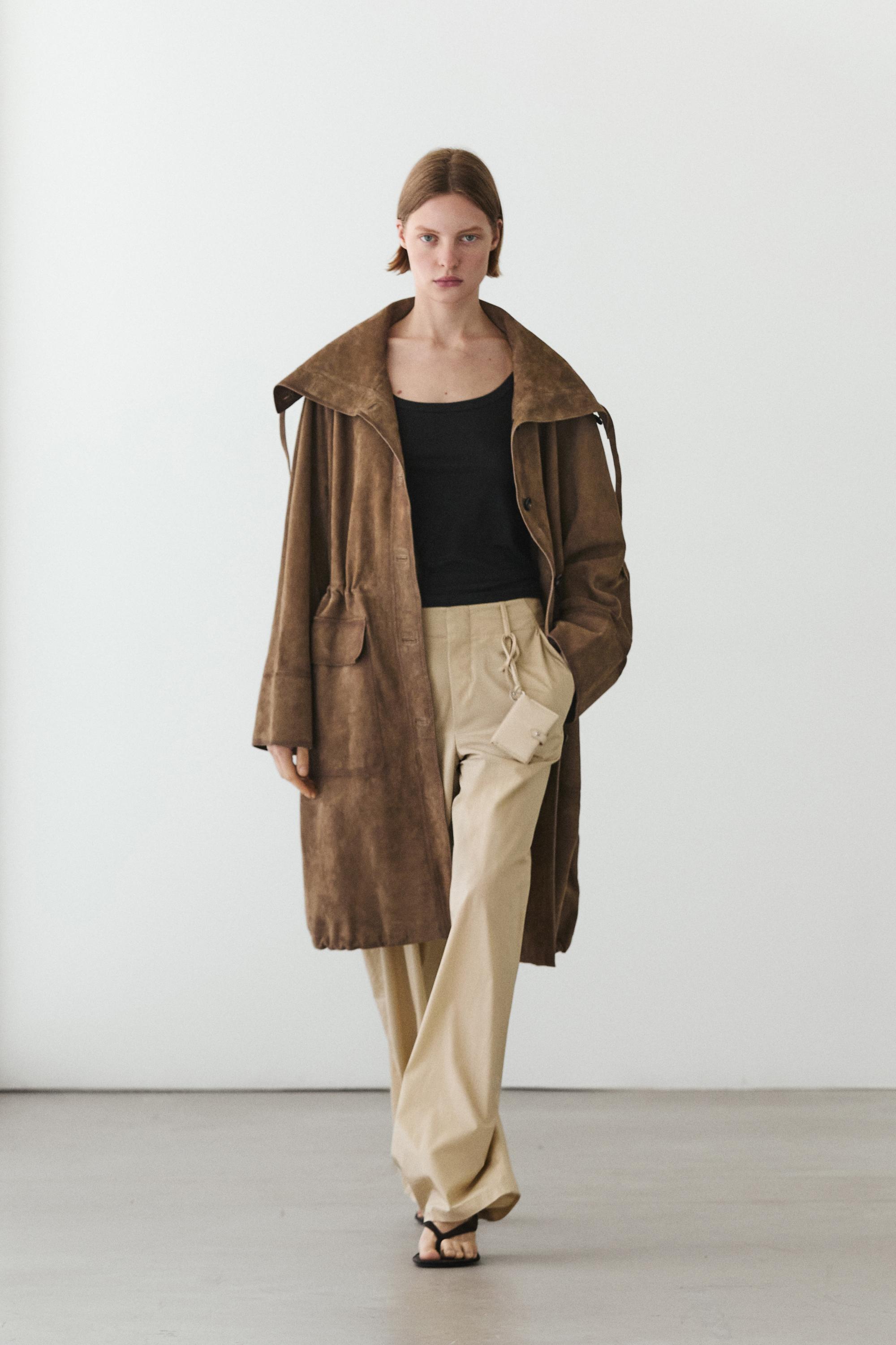 Parka col montant en cuir finition daim